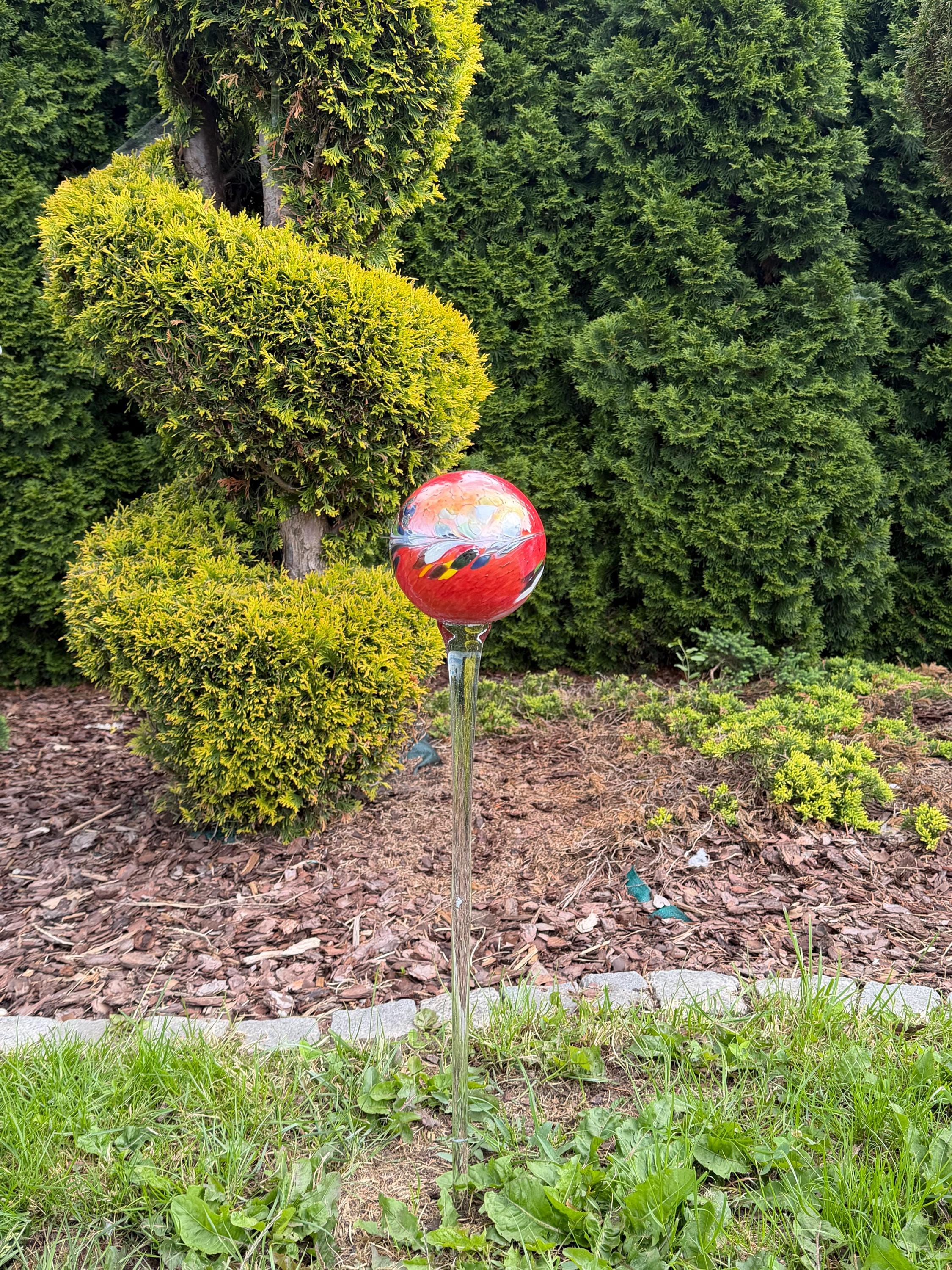 12cm Red Glass Garden Stake - Hand Blown Garden Globe - 70cm Outdoor Decor