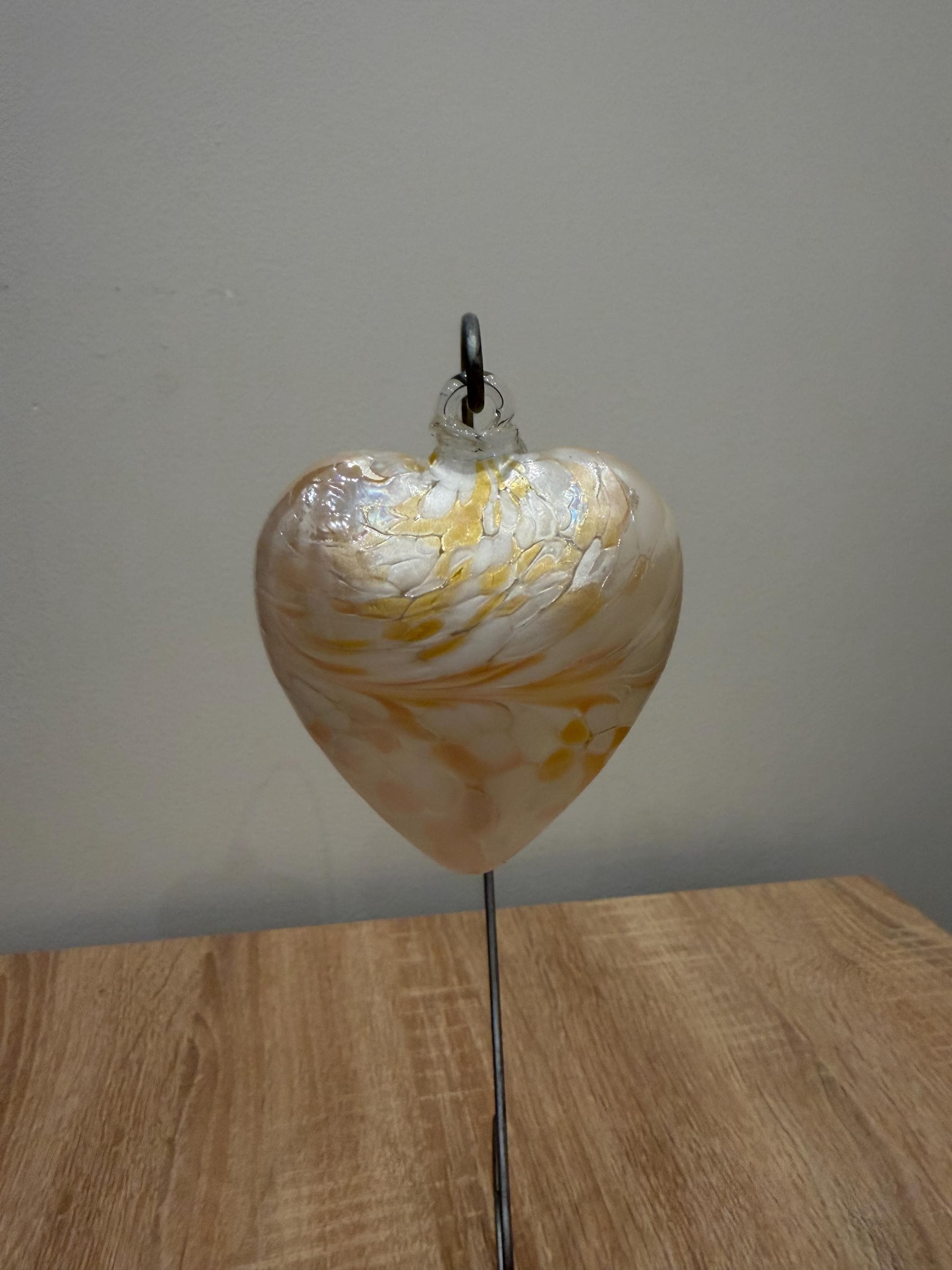 Hand-Blown Glass Heart Ornament 8cm – White & Gold Iridescent Crackle Heart – Custom Color Option Available