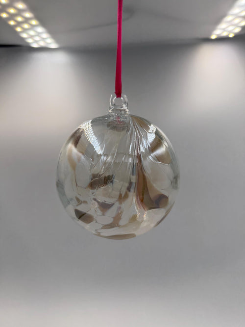 10cm Hand-Blown Clear Glass Ornament – Brown Beige Iridescent Swirl Hanging Sphere