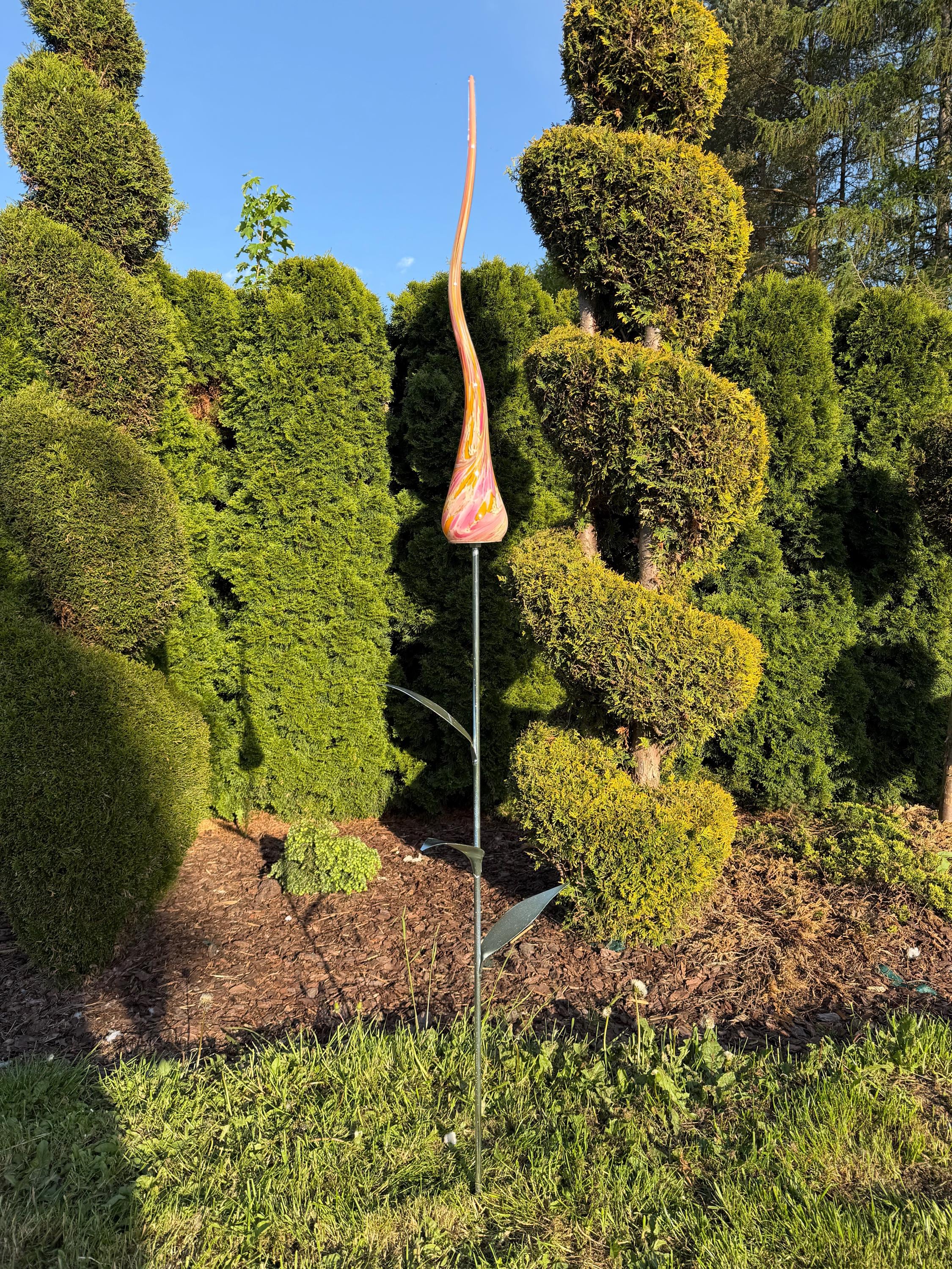 180cm Hand-Blown Glass Flame Sculpture on Metal Stake with Leaves – 50cm Colorful Garden Flame
