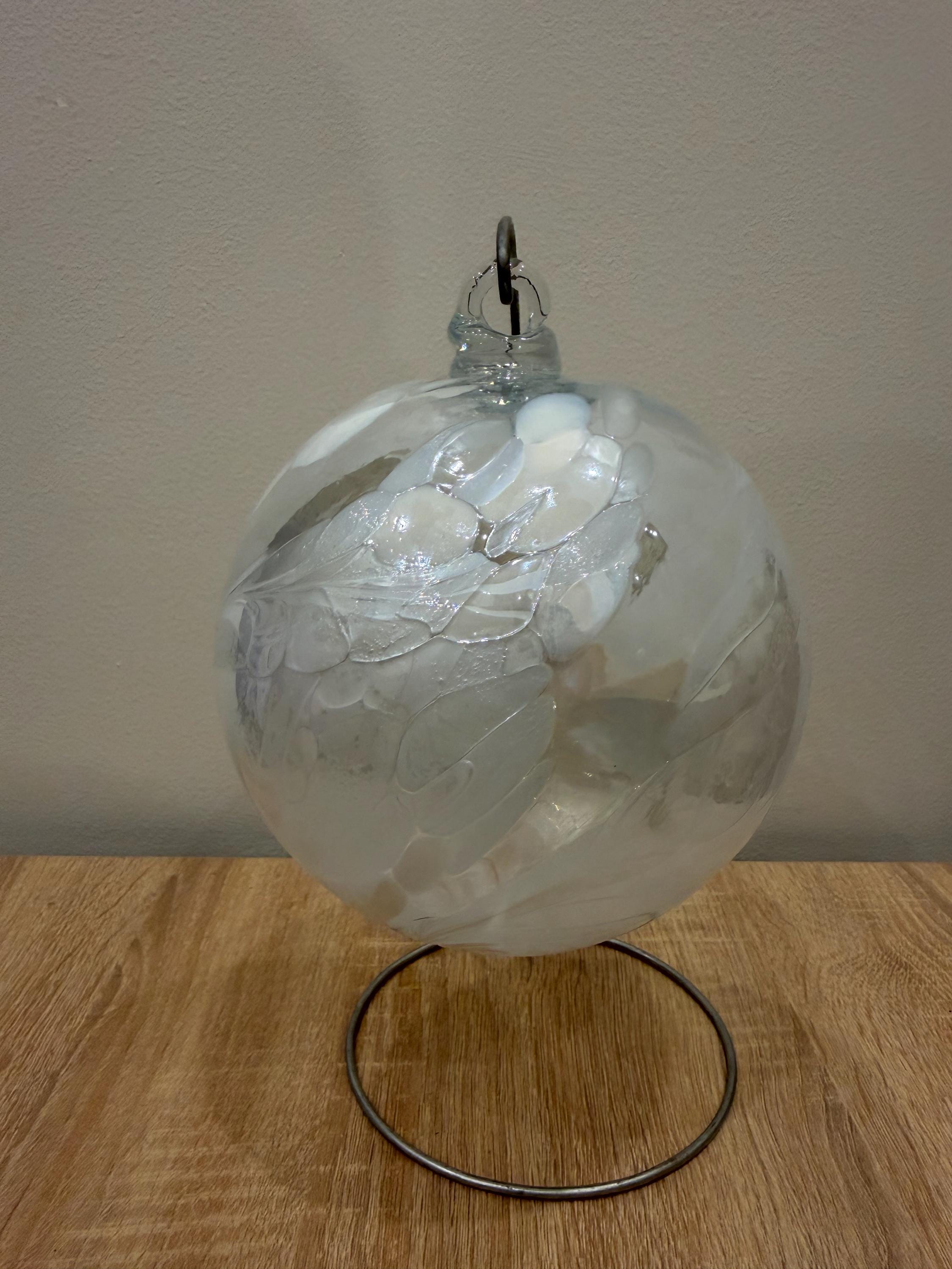 Handcrafted White Glass Sphere | Hanging Ornament | White Swirls | Window Suncatcher | Unique Art Decor