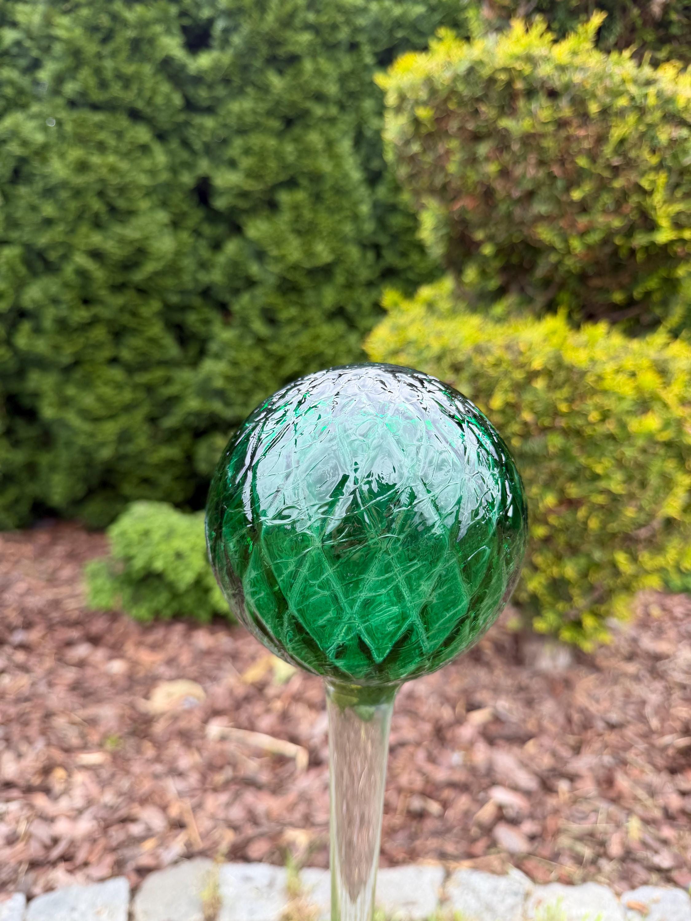 70cm Hand Blown Emerald Green - 12cm Glass Garden Ball Stake – Textured Art Decoration