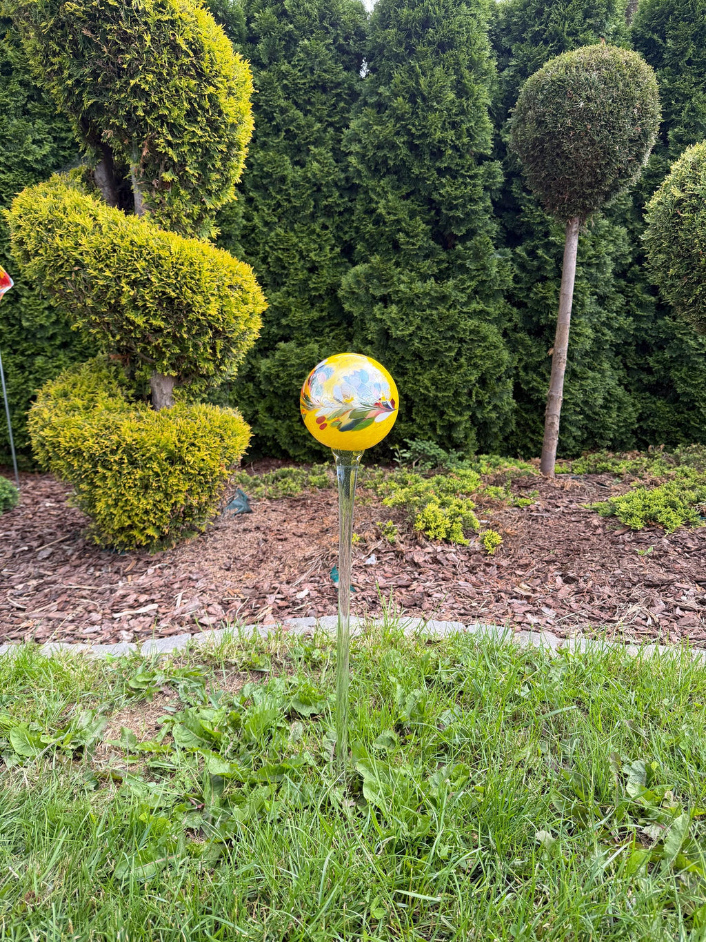 12cm Yellow Glass Garden Stake - Hand Blown Garden Globe - 70cm Outdoor Decor