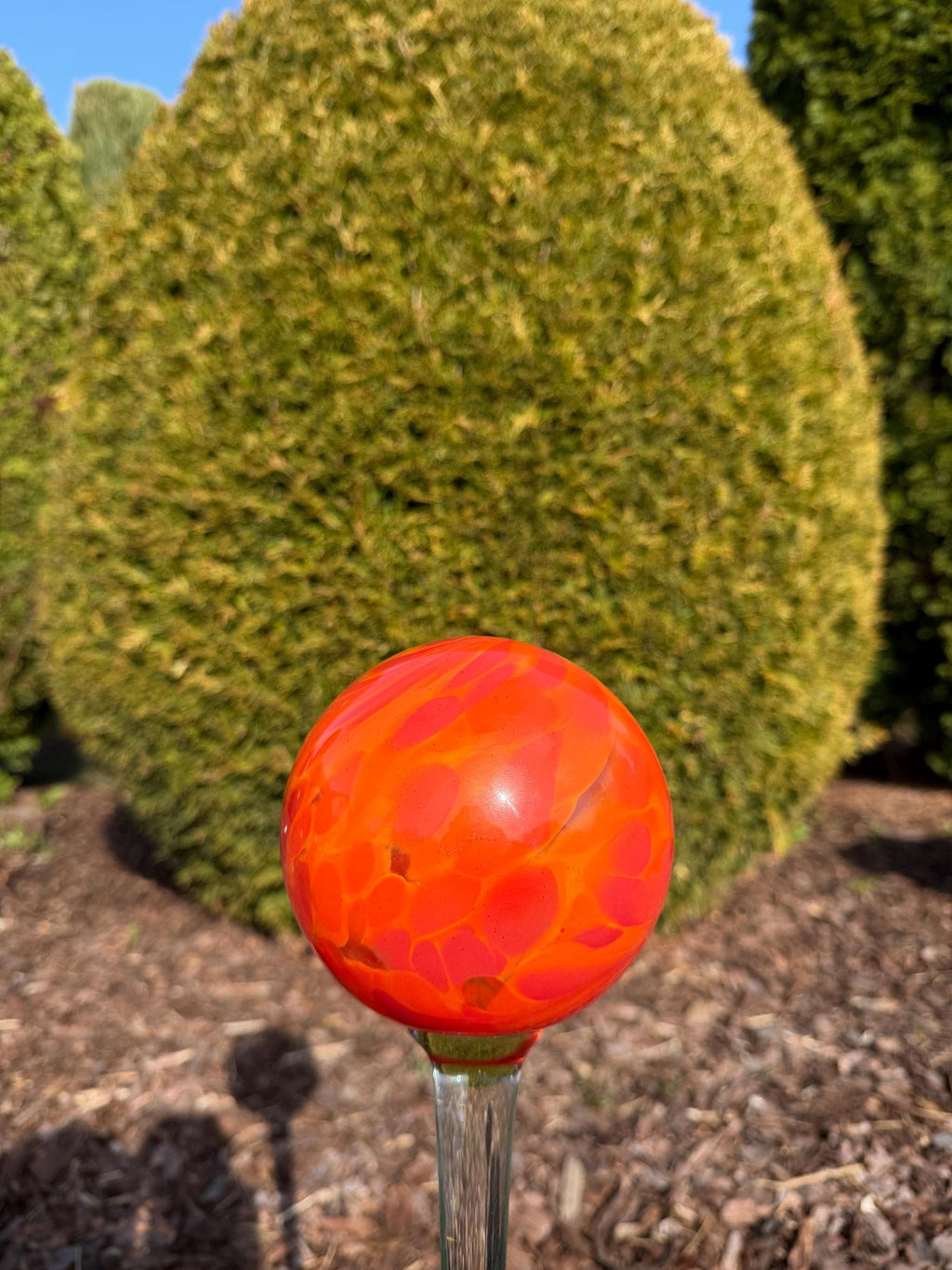 70cm Hand-Blown Glass Garden Stake – 12cm Flame Red Orange Swirl Sphere