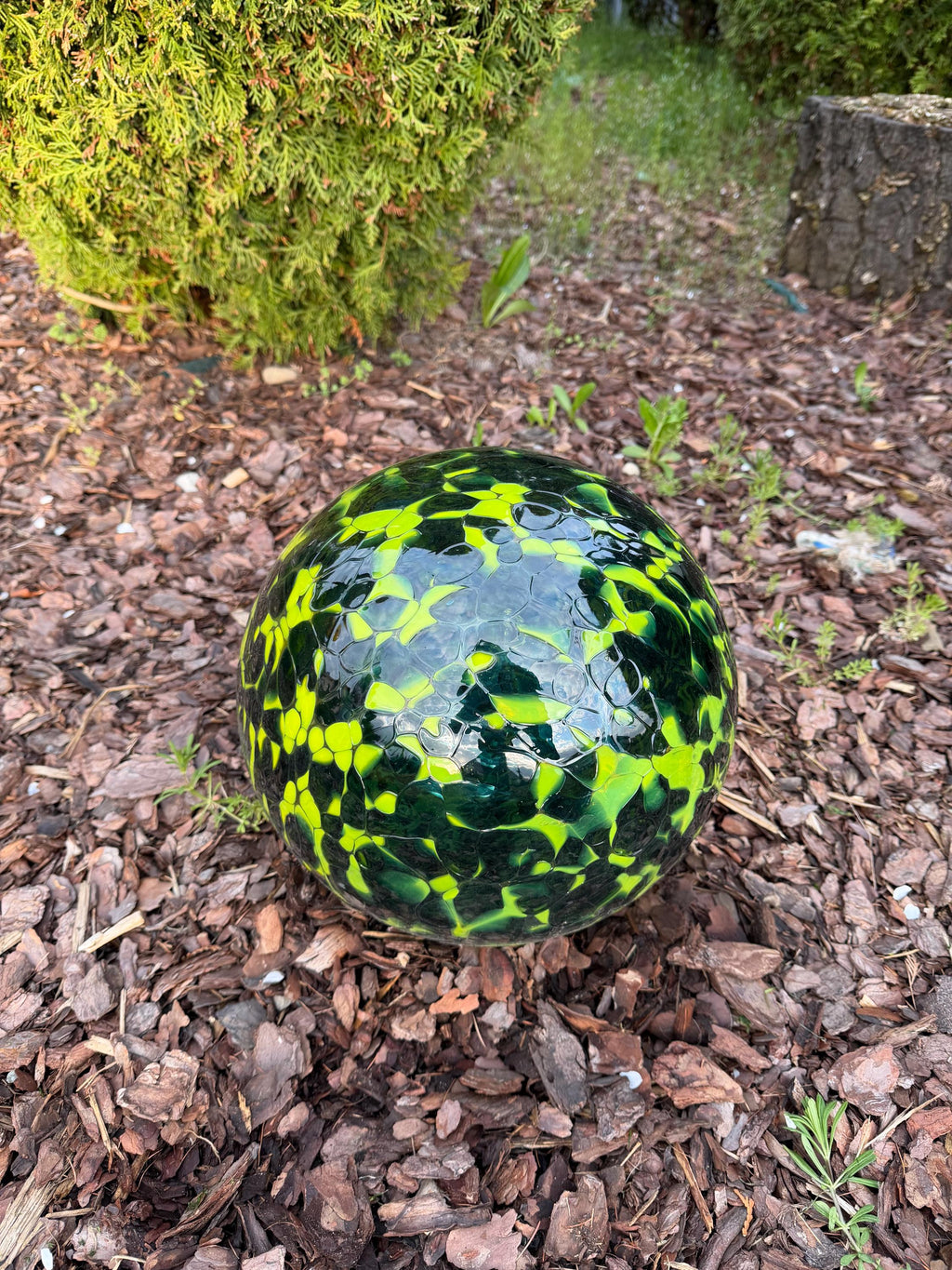 30cm Handblown Neon Green Teal Cracked Glass Garden Orb – Handmade Yard Art Decor