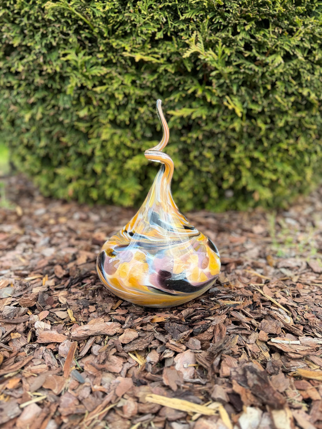 30cm Hand-Blown Glass Teardrop – Multicolor Yellow Purple Black Swirl Garden Sculpture