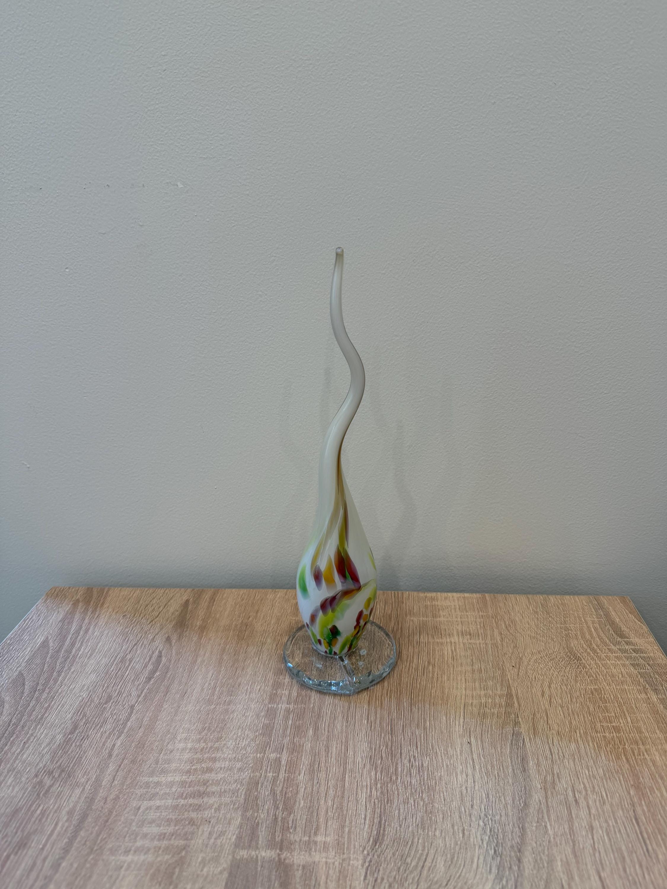 Hand-Blown Glass Spike Sculpture 30cm – White Multicolor Swirl Elegant Art Object