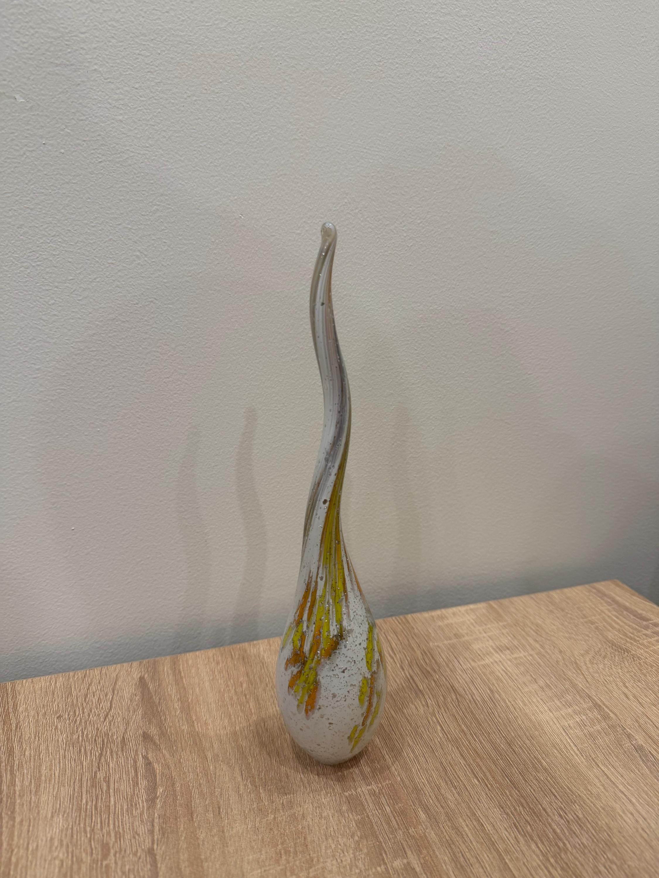 Hand Blown Glass Sculpture – White, Silver Flakes, Yellow-Orange Swirls, 30cm Accent
