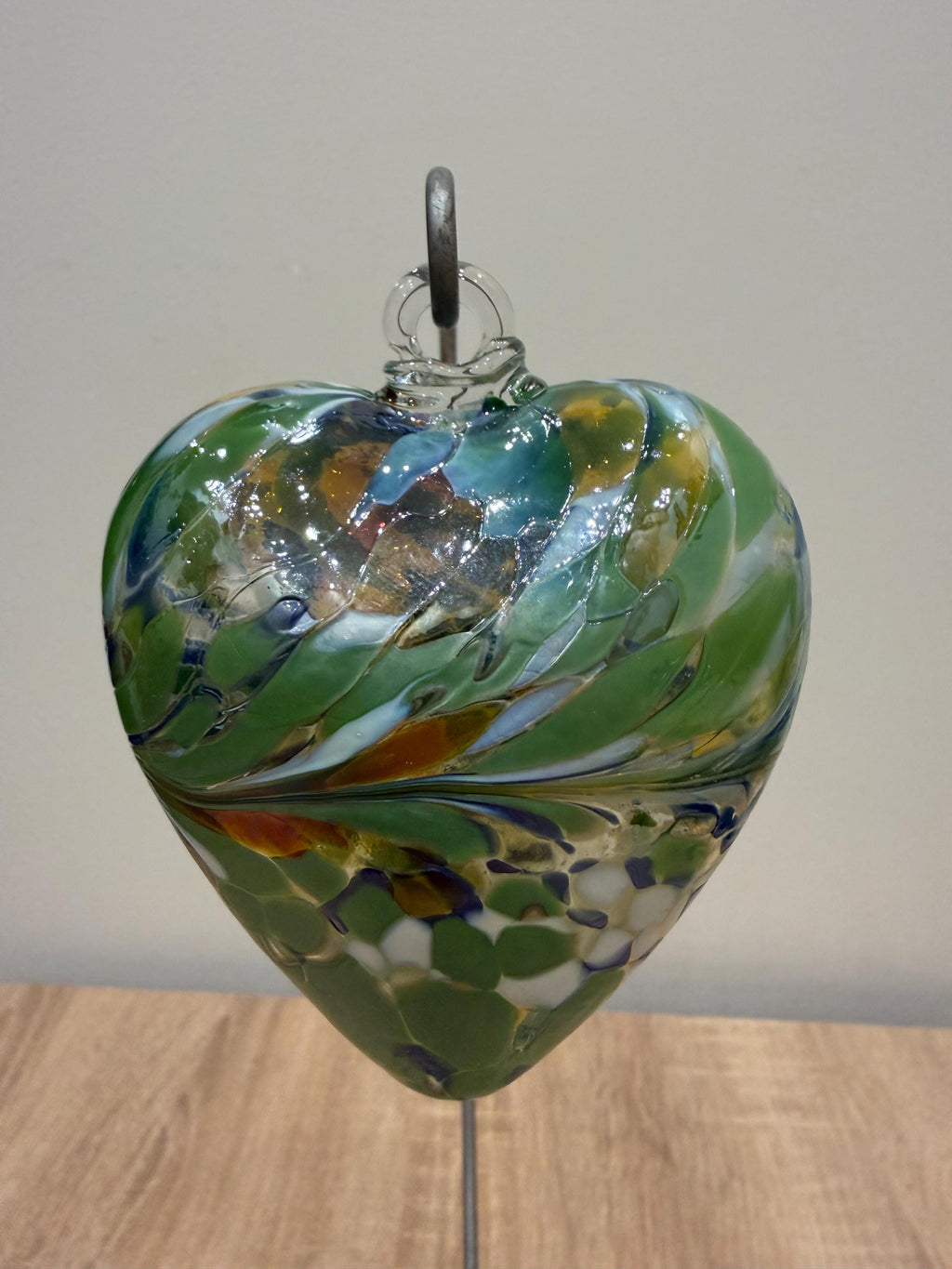 Hand-Blown Glass Heart Ornament 8cm – Green Multicolor Swirl Crackle Heart – Custom Color Option