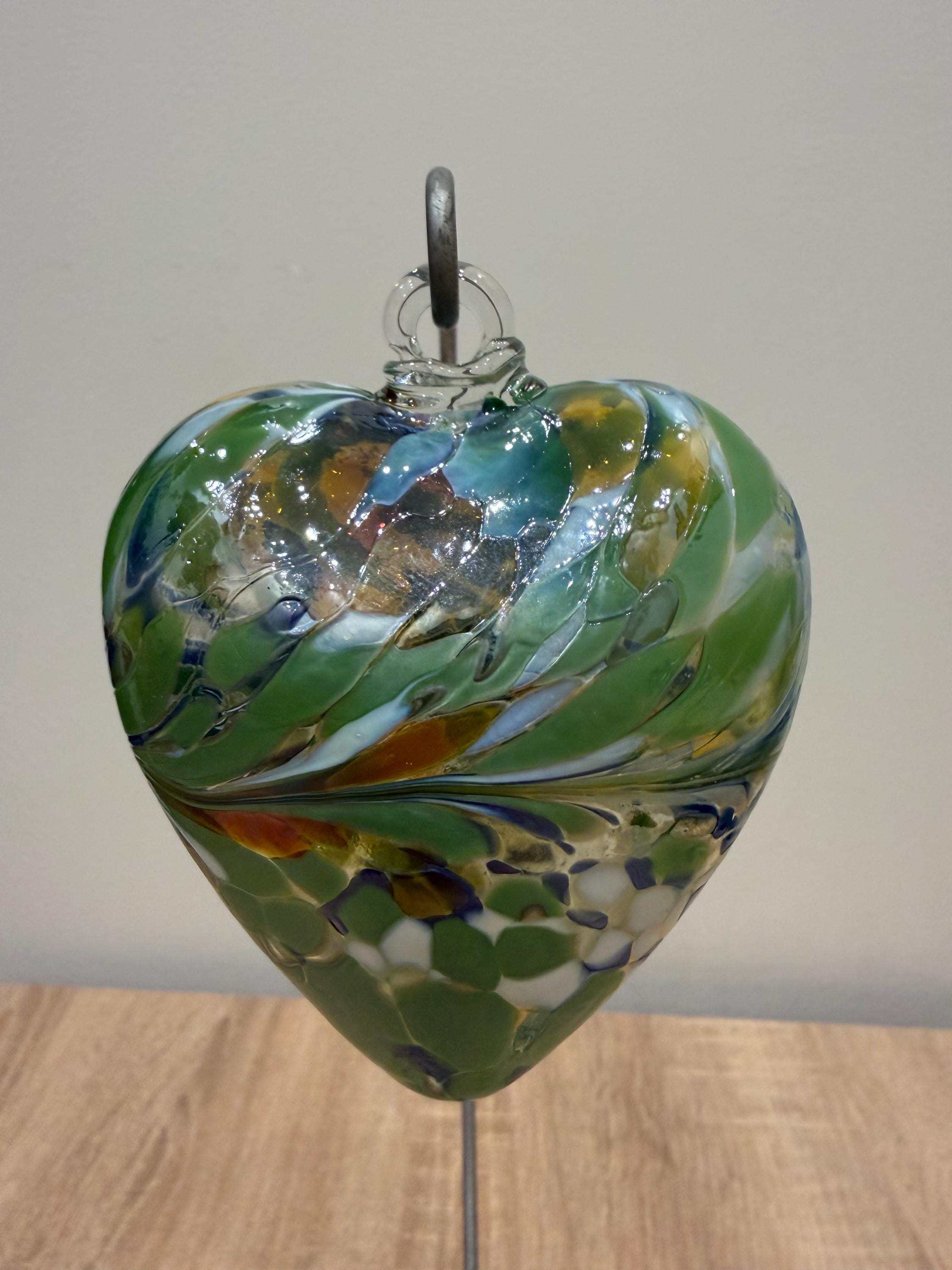 Hand-Blown Glass Heart Ornament 8cm – Green Multicolor Swirl Crackle Heart – Custom Color Option