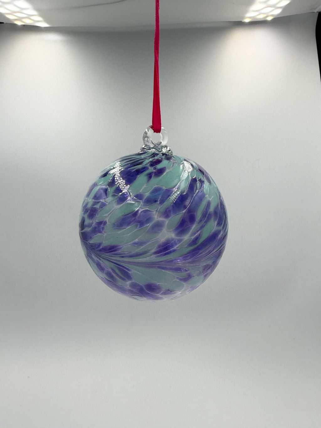 10cm Hand-Blown Crackle Glass Ornament – Purple Teal Hanging Sphere