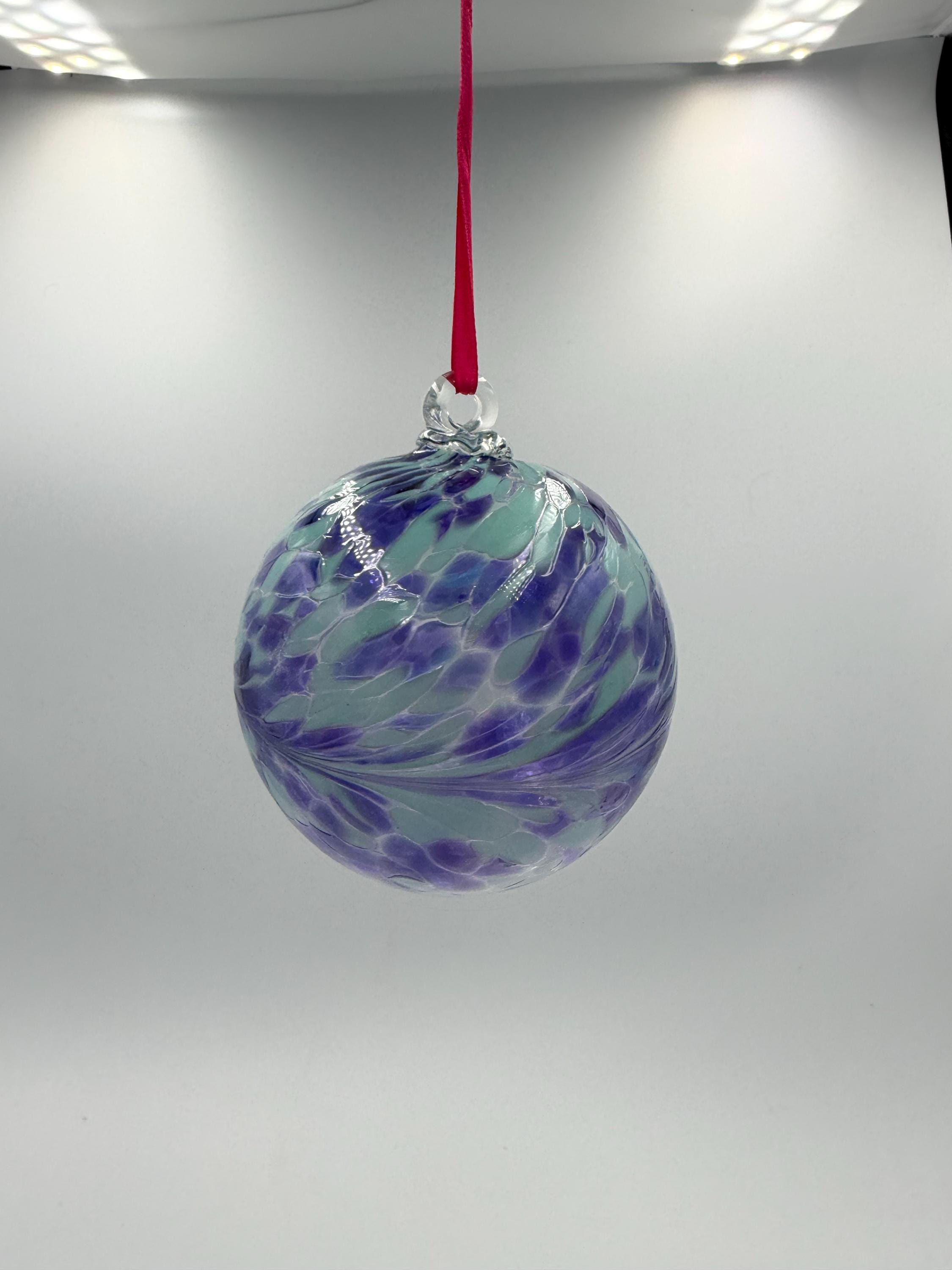 10cm Hand-Blown Crackle Glass Ornament – Purple Teal Hanging Sphere