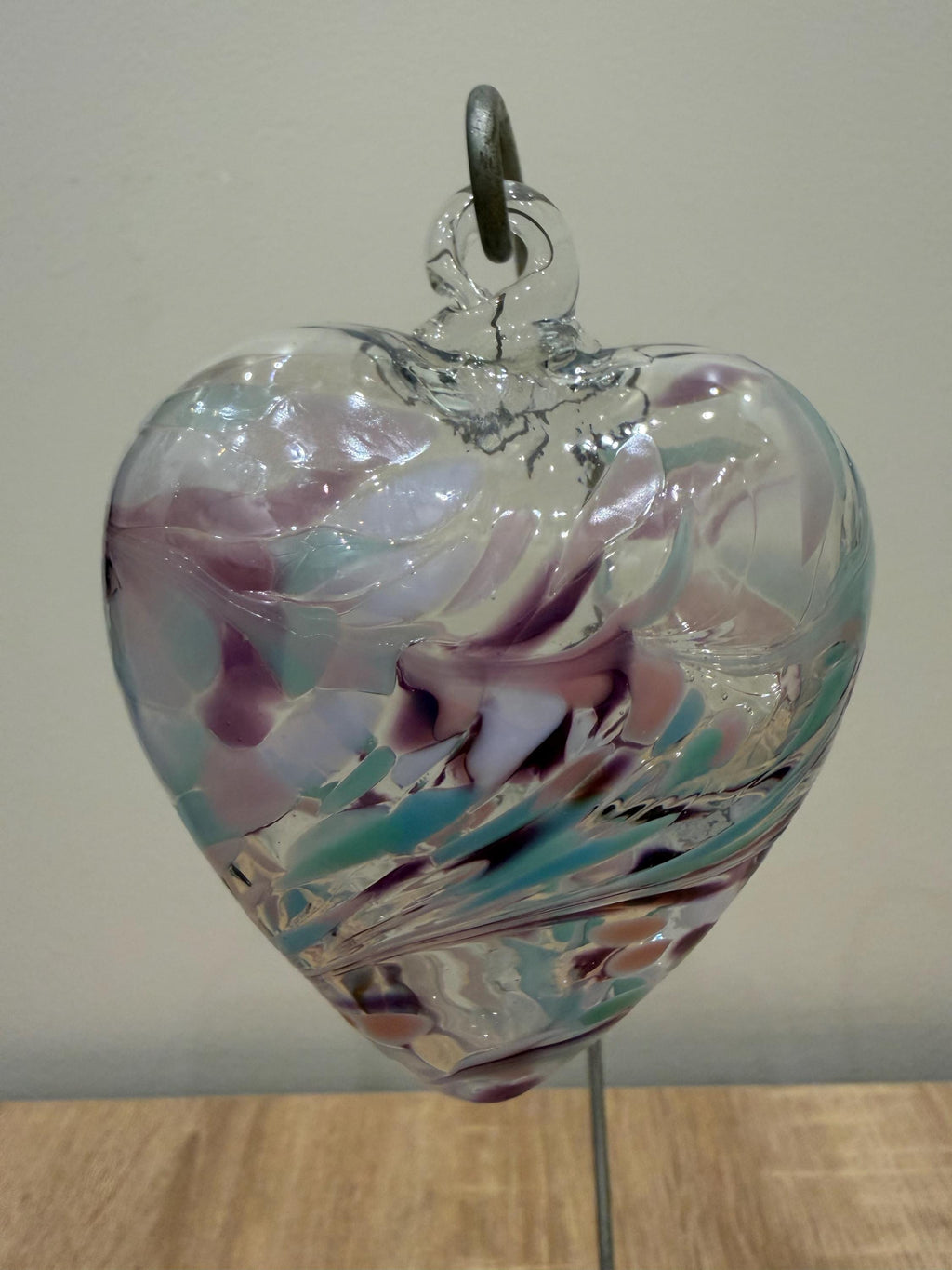 Hand Blown Glass Heart Ornament – Purple Teal Swirls, Garden Decor, 8cm