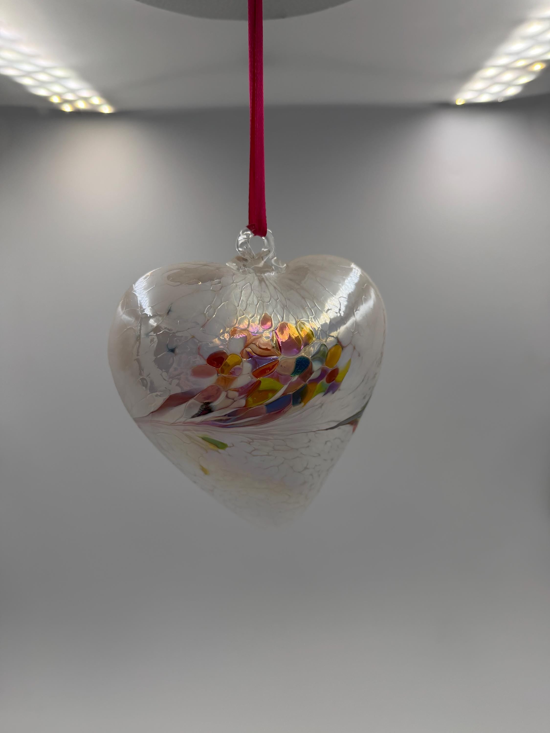 12cm Hand-Blown Iridescent Rainbow Heart Glass Ornament – Clear Crackle Hanging Heart
