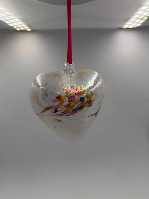 12cm Hand-Blown Iridescent Rainbow Heart Glass Ornament – Clear Crackle Hanging Heart