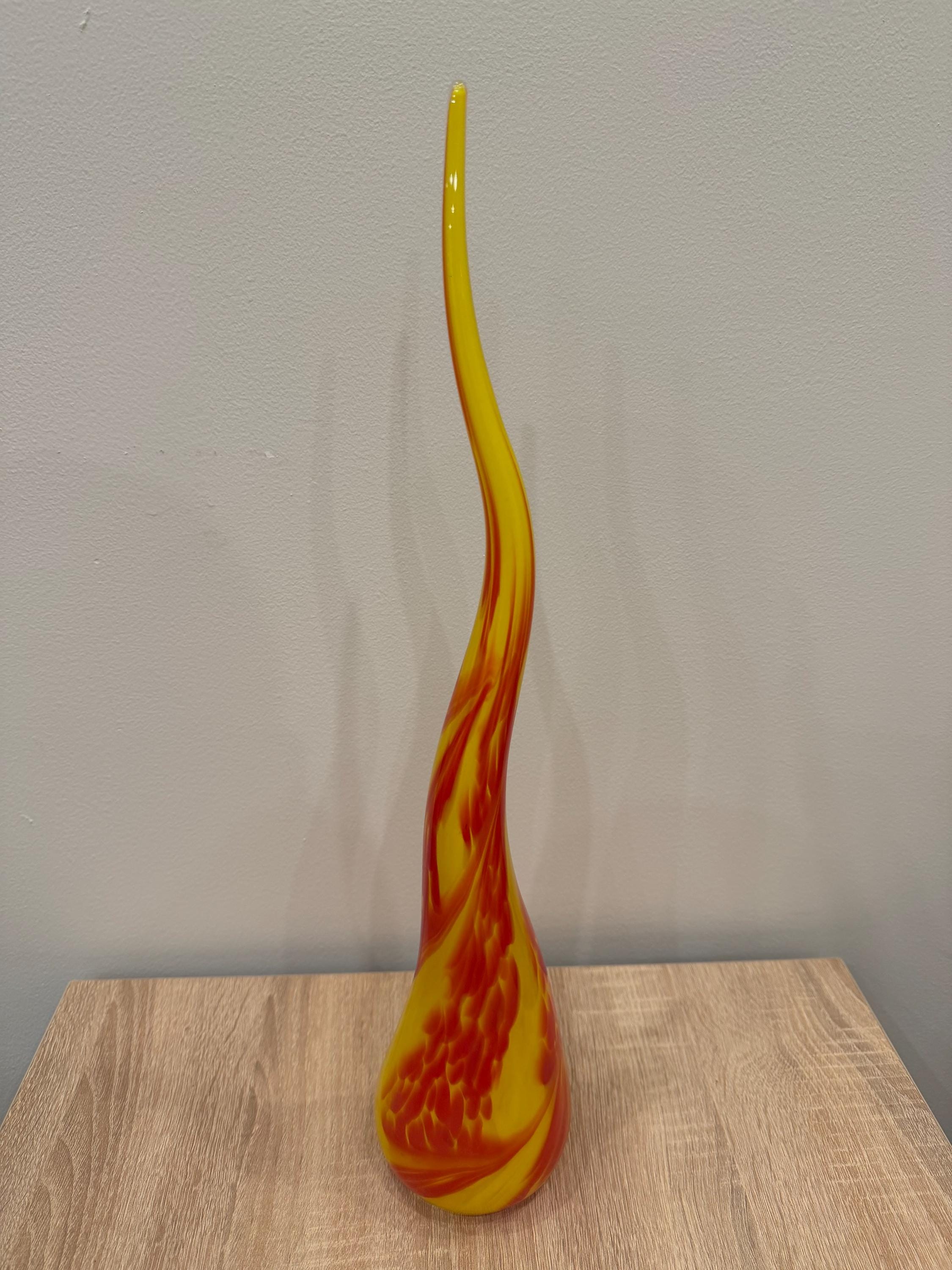 Large 50cm Hand-Blown Glass Garden Flame – Yellow Red Swirl Outdoor Sculpture – Modern Garden Art