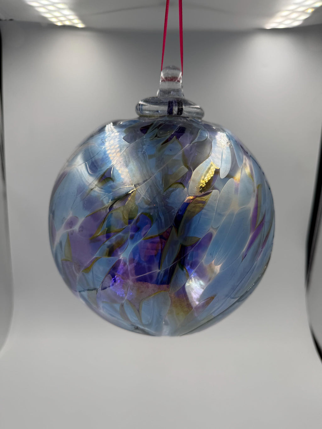 18cm Hand-Blown Witch Ball – Iridescent Blue Purple Gold Crackle Glass Ornament