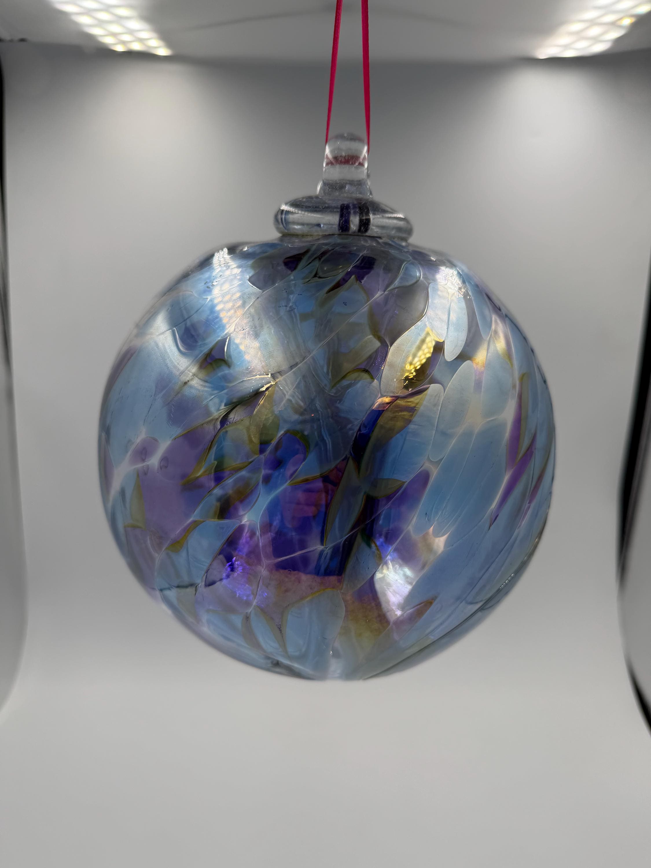18cm Hand-Blown Witch Ball – Iridescent Blue Purple Gold Crackle Glass Ornament