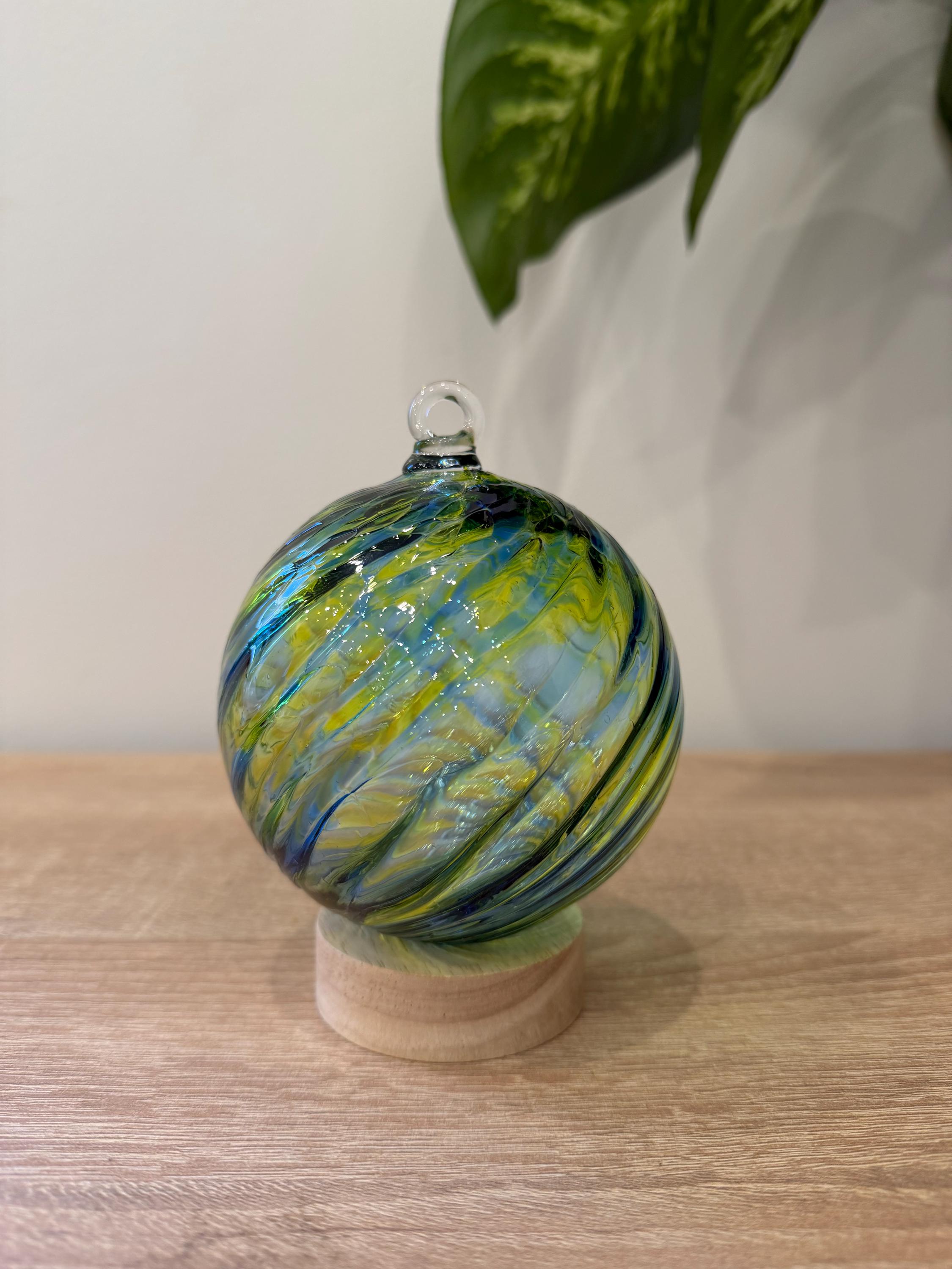 10cm Hand-Blown Multicolor Swirl Glass Ornament – Blue Green Yellow Hanging Ball