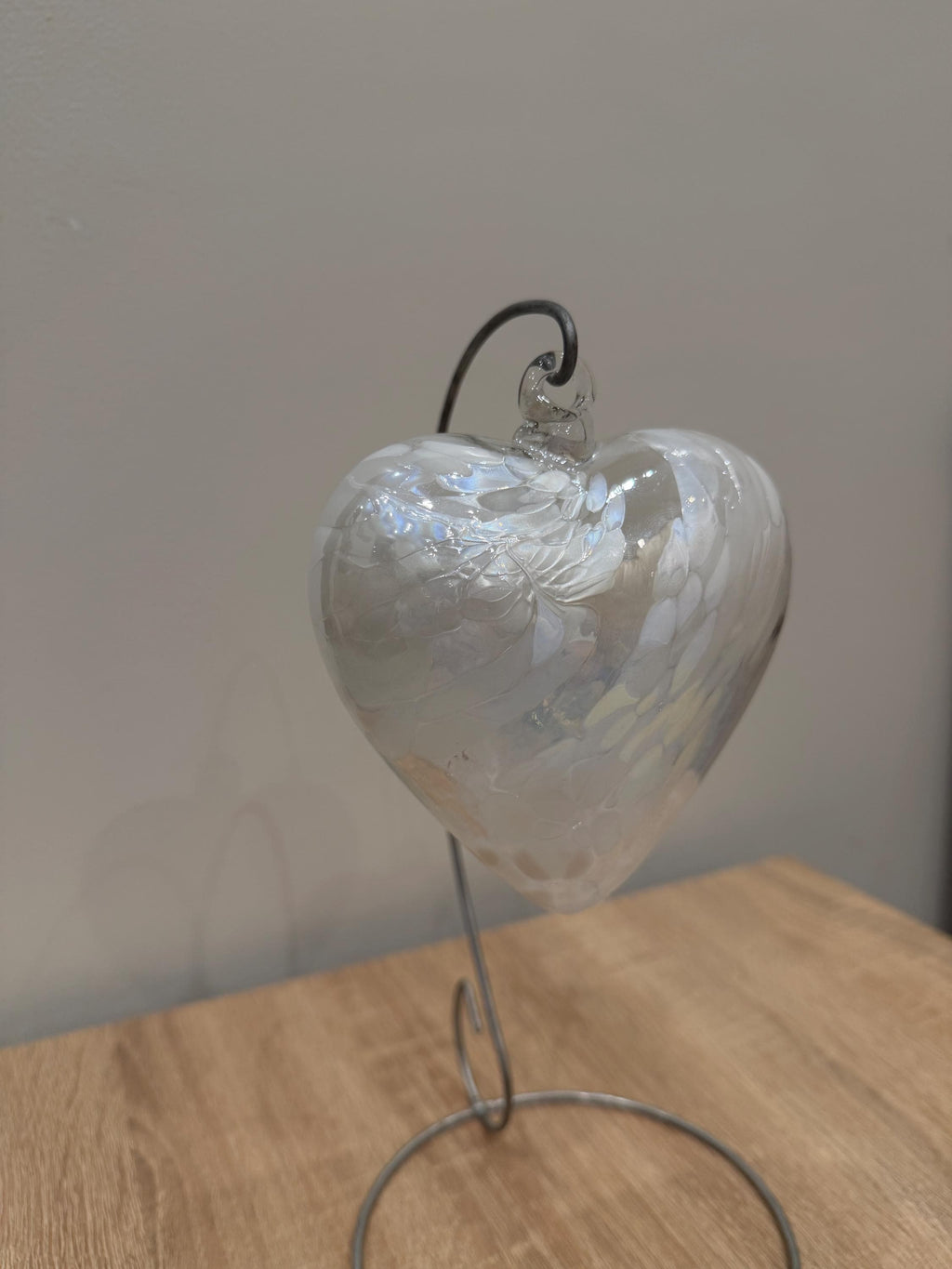 Hand Blown Glass Heart Ornament 12cm  – White Iridescent Suncatcher, Minimalist Decor