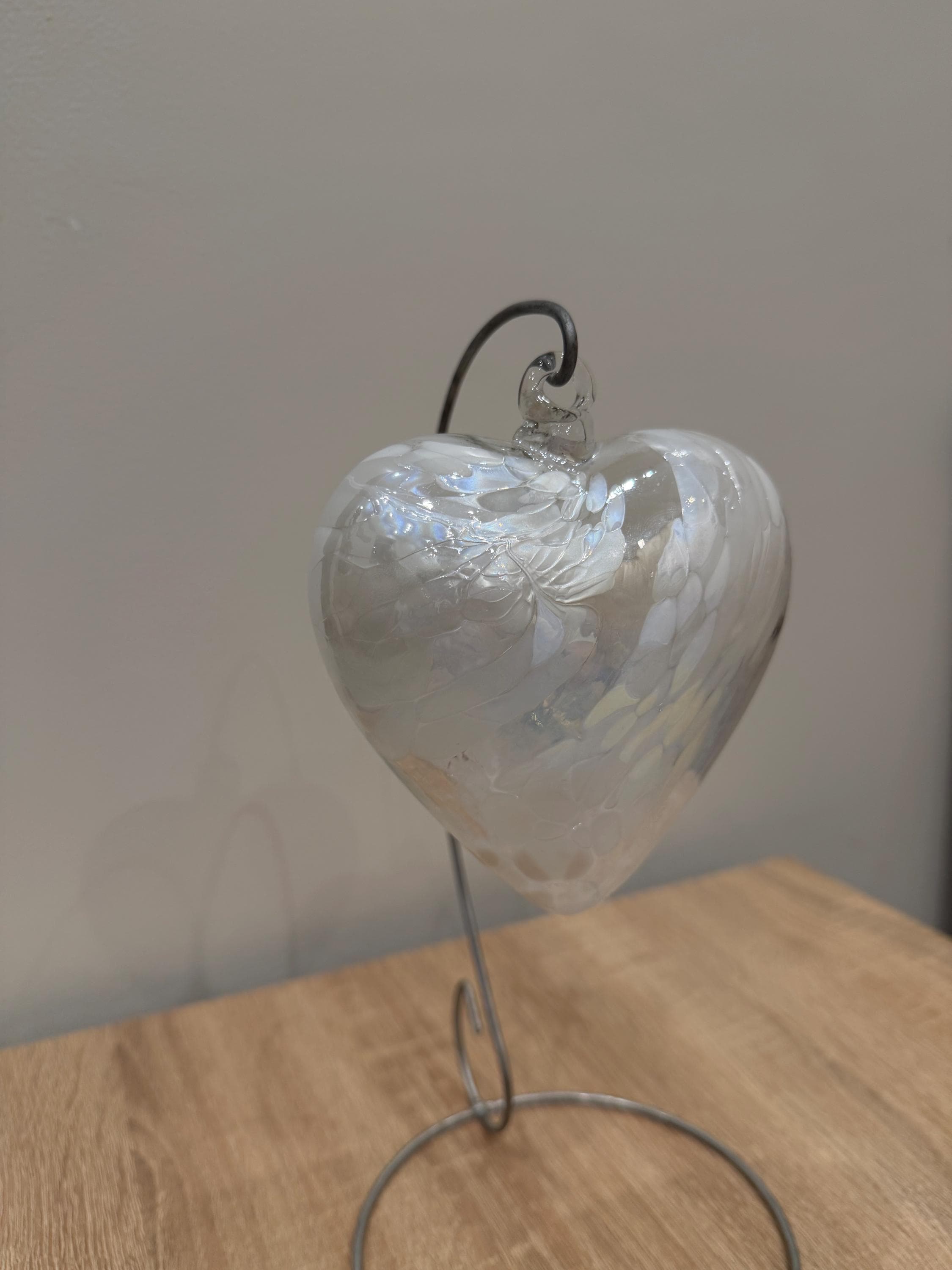 Hand Blown Glass Heart Ornament 12cm  – White Iridescent Suncatcher, Minimalist Decor