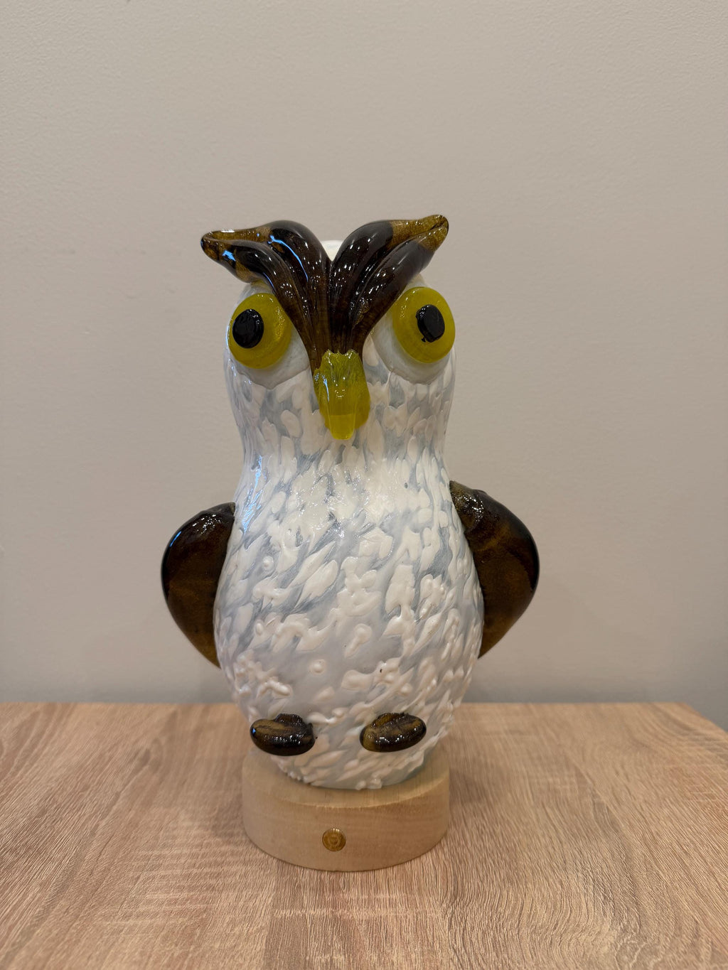 25cm Hand-Blown Glass Owl Lamp – Color Changing LED Touch Light Wooden Base