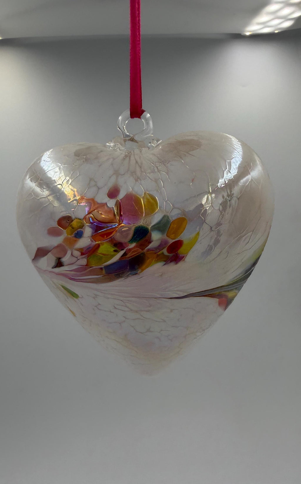 12cm Hand-Blown Iridescent Rainbow Heart Glass Ornament – Clear Crackle Hanging Heart
