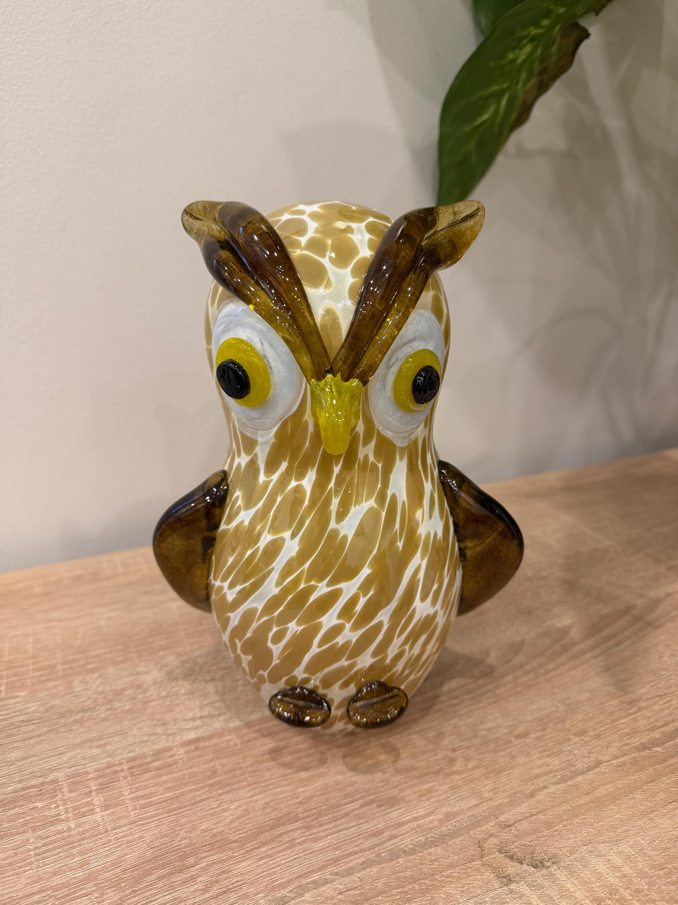 Handmade Art Glass Owl Sculpture – Spotted Yellow Brown Bird, 25cm Home Decor