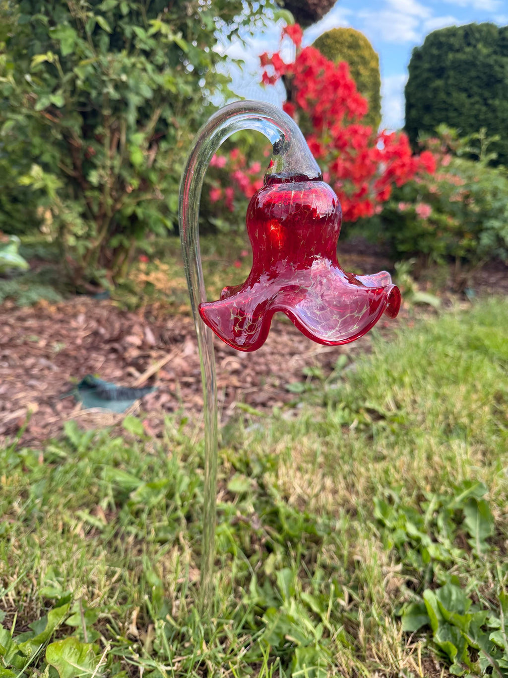 50cm Hand-Blown Red Glass Flower Garden Stake – 12cm Crackle Tulip Sculpture