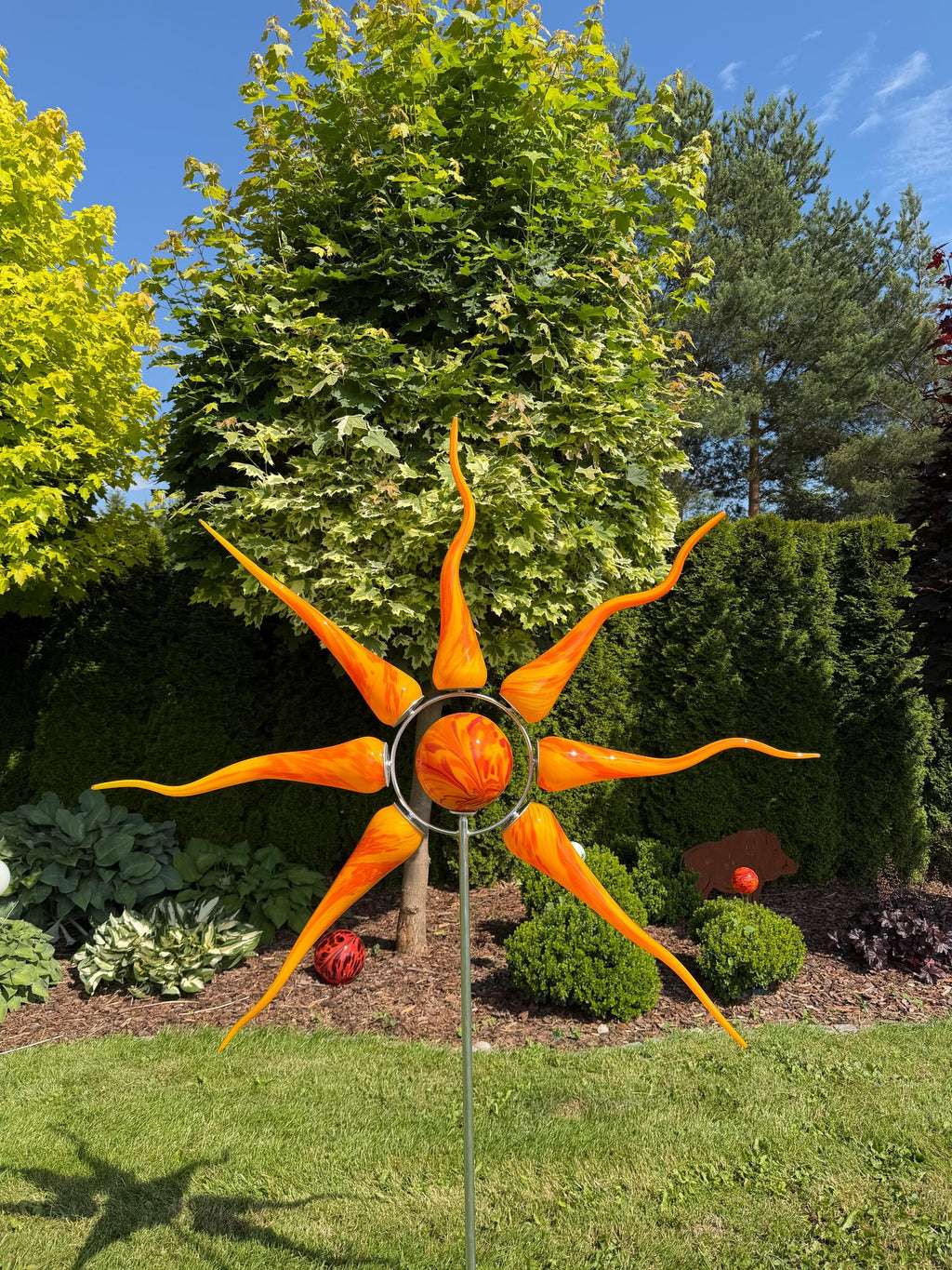 190cm Glass Sun Garden Stake - Hand Blown Sun Sculpture - Outdoor Yard Art
