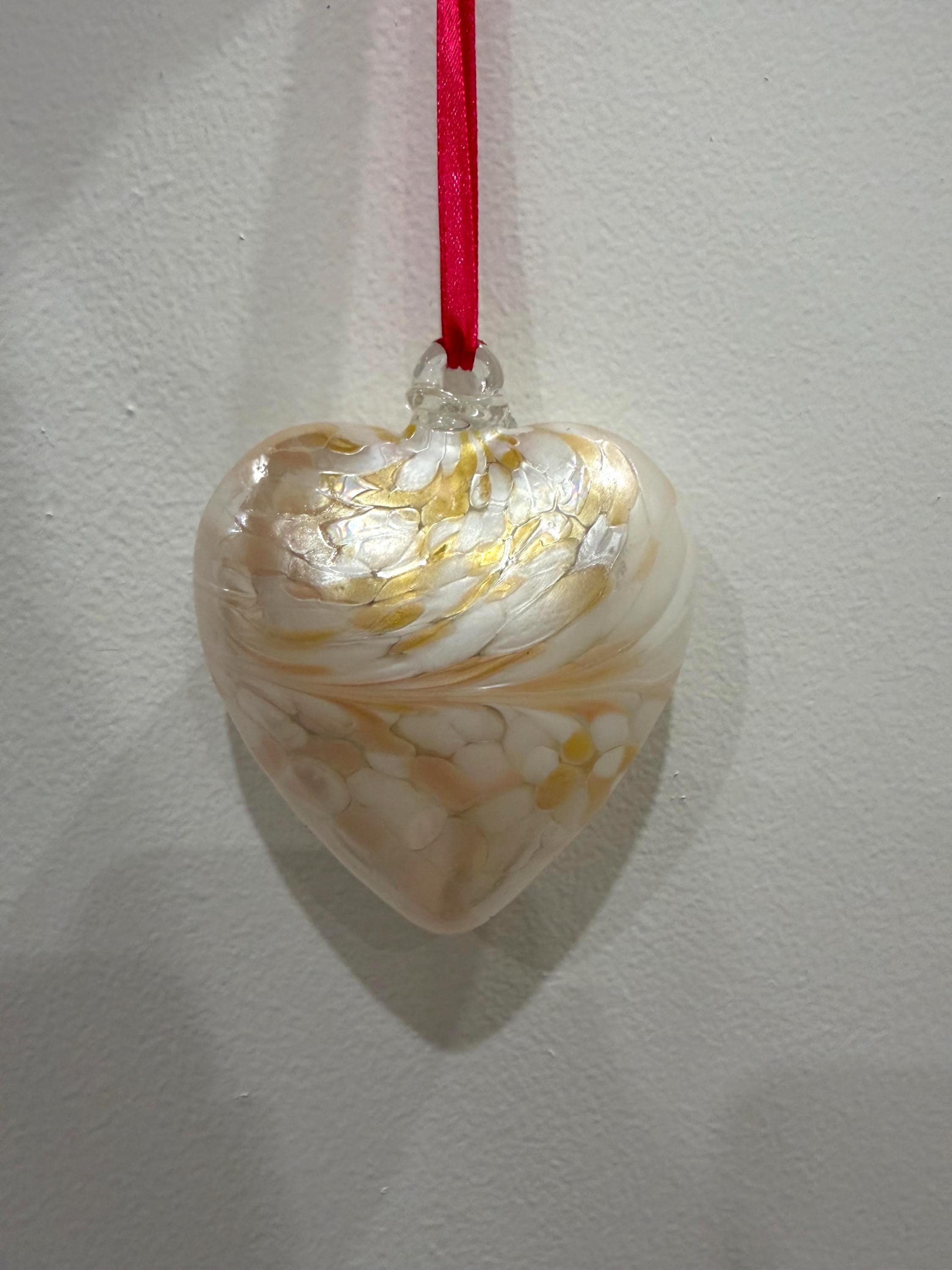 Hand-Blown Glass Heart Ornament 8cm – White & Gold Iridescent Crackle Heart – Custom Color Option Available