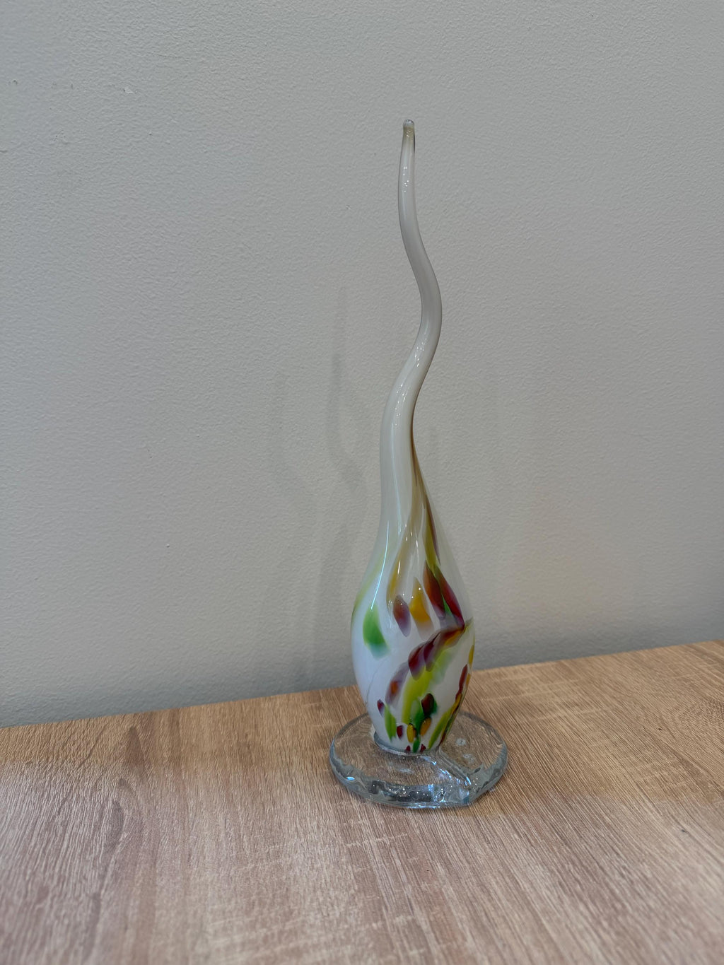 Hand-Blown Glass Spike Sculpture 30cm – White Multicolor Swirl Elegant Art Object