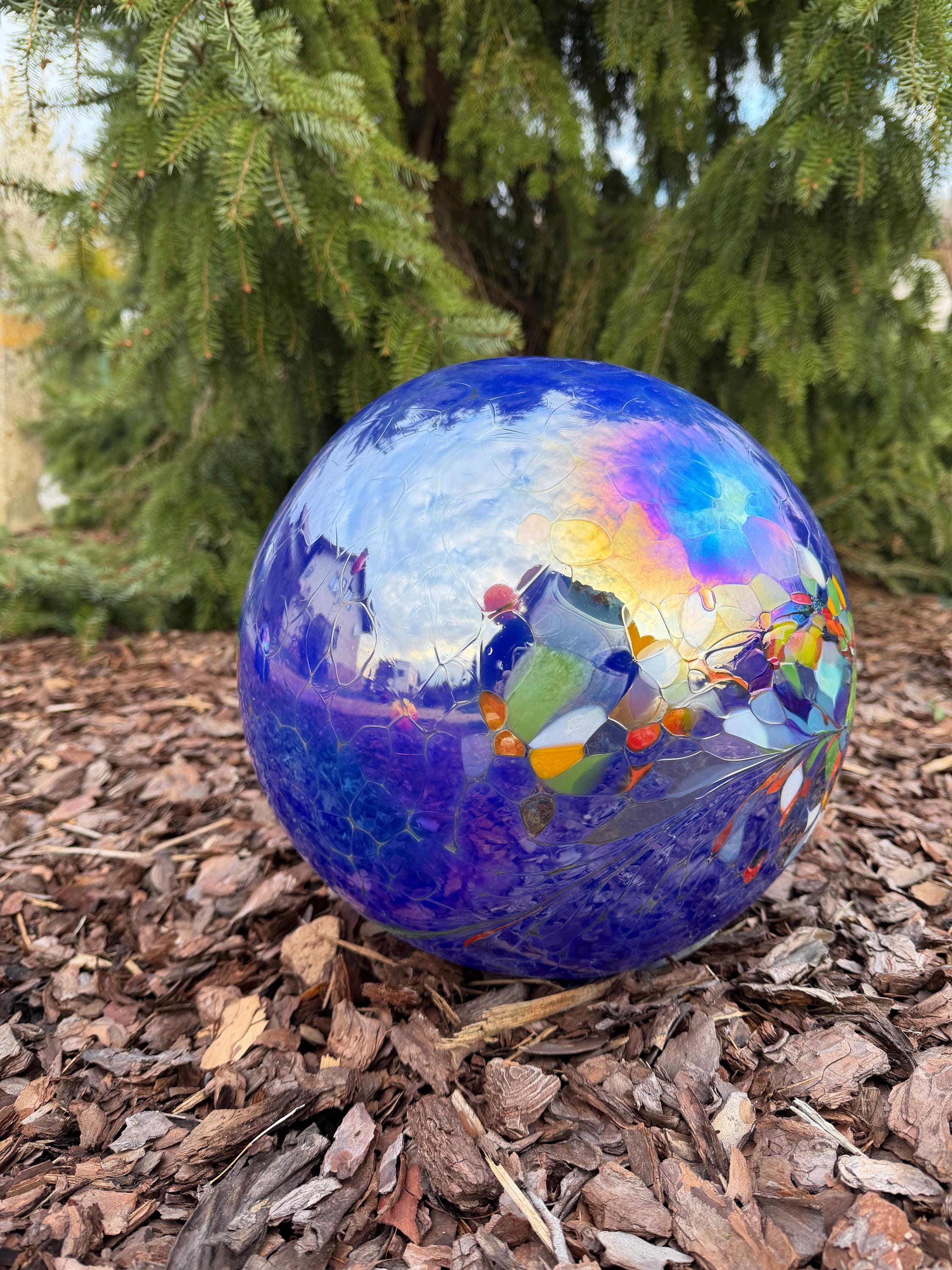 30cm Large Cracked Glass Garden Orb – Iridescent Blue Mosaic Sphere, Yard Sculpture Ornament