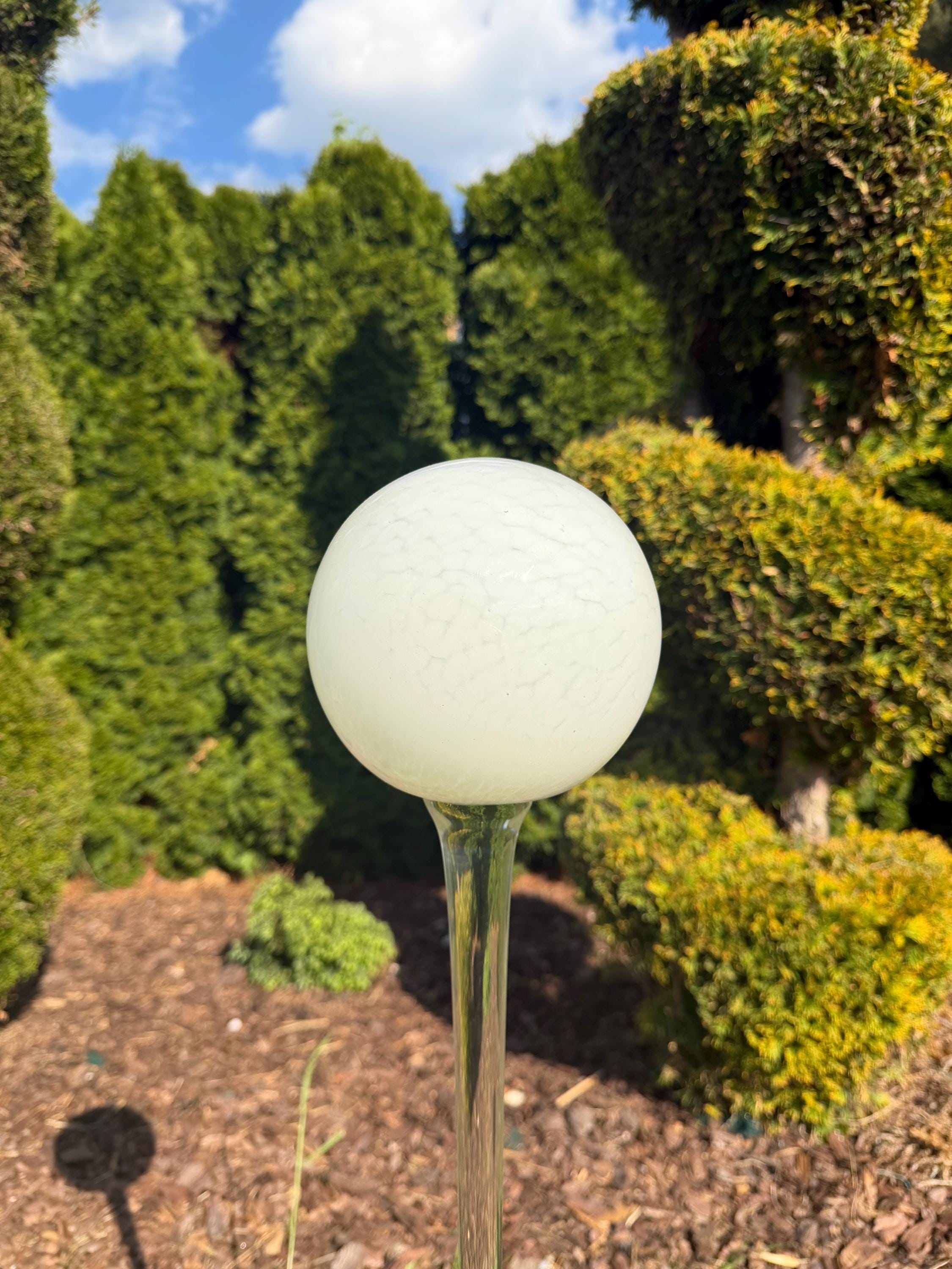 90cm Hand-Blown Milky White Glass Garden Stake – 18cm Large Sphere