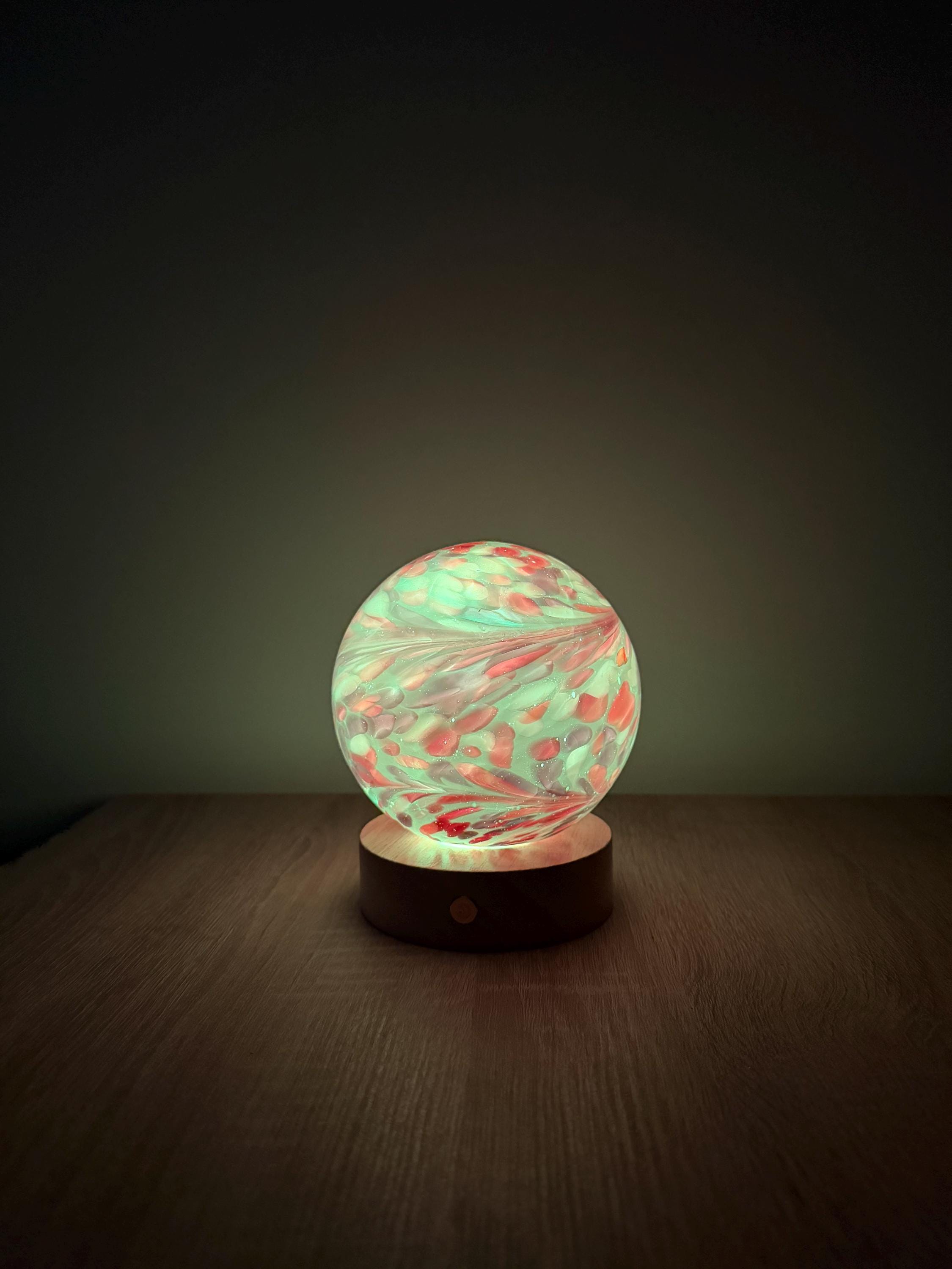 12cm Hand-Blown Pastel Swirl Glass Orb Lamp – Color Changing LED Touch Light Wooden Base