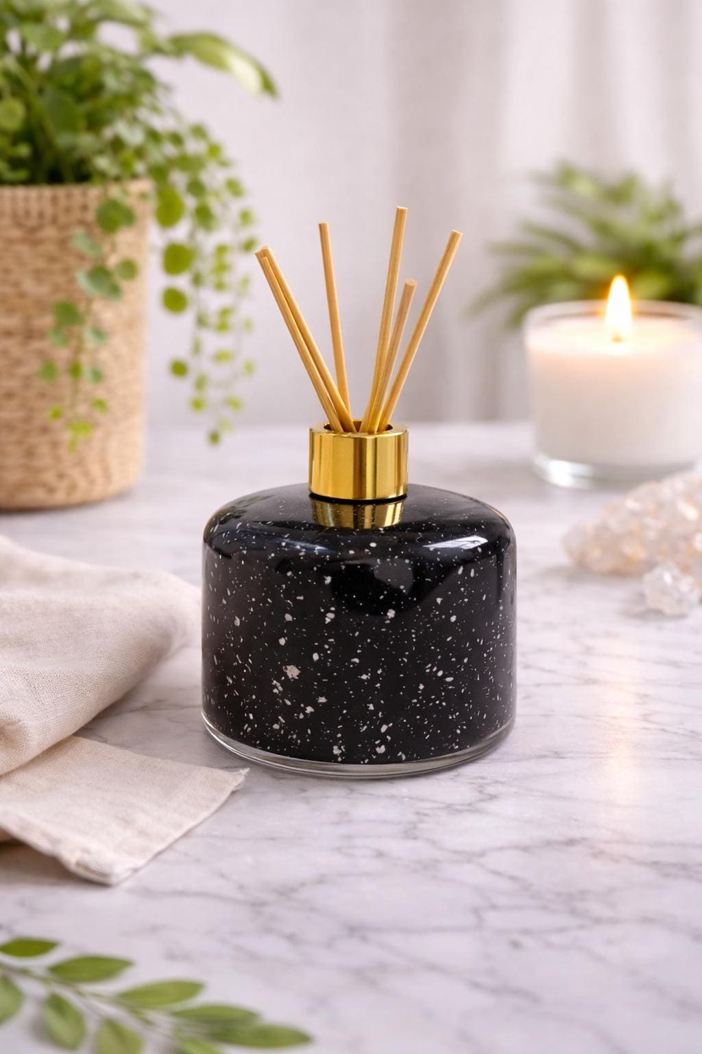 Handblown Art Glass Reed Diffuser – Speckled Galaxy Design, Gold Collar