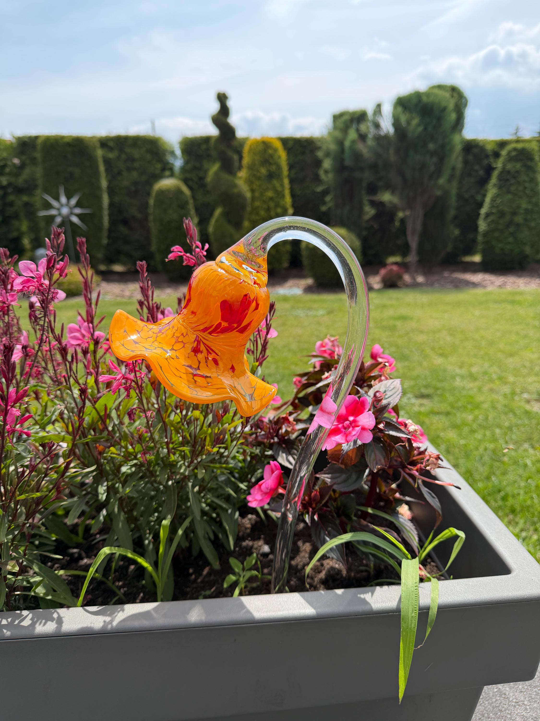 Set of 3 12cm Glass Flower Garden Stakes - Hand Blown Garden Art - 50cm Decor