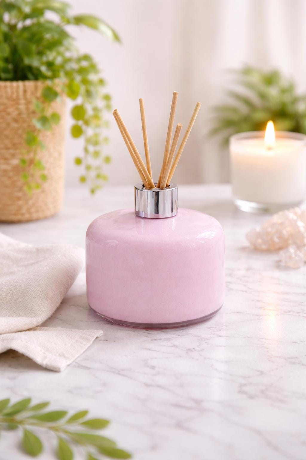 Handblown Glass Reed Diffuser – Minimalist Soft Pink , Silver Collar