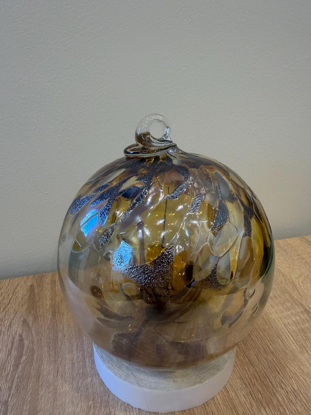 15cm Handblown Art Glass Sphere – "Golden Hearth" Amber Tree of Life