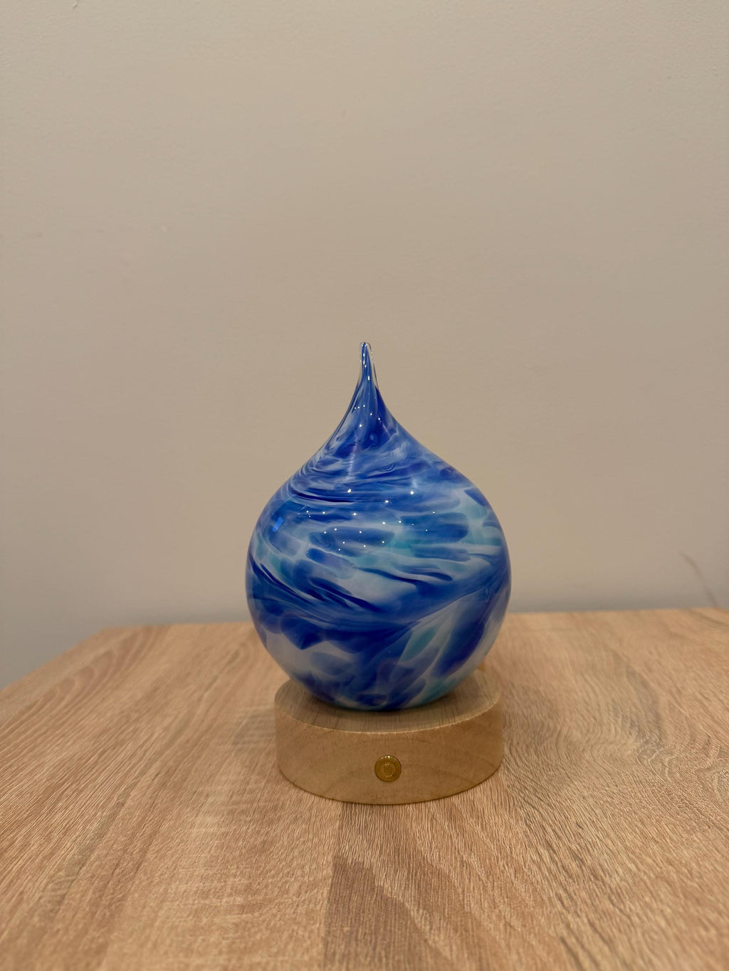 12cm Hand-Blown Blue Teardrop Glass LED Lamp – Battery Powered Multicolor or Warm White
