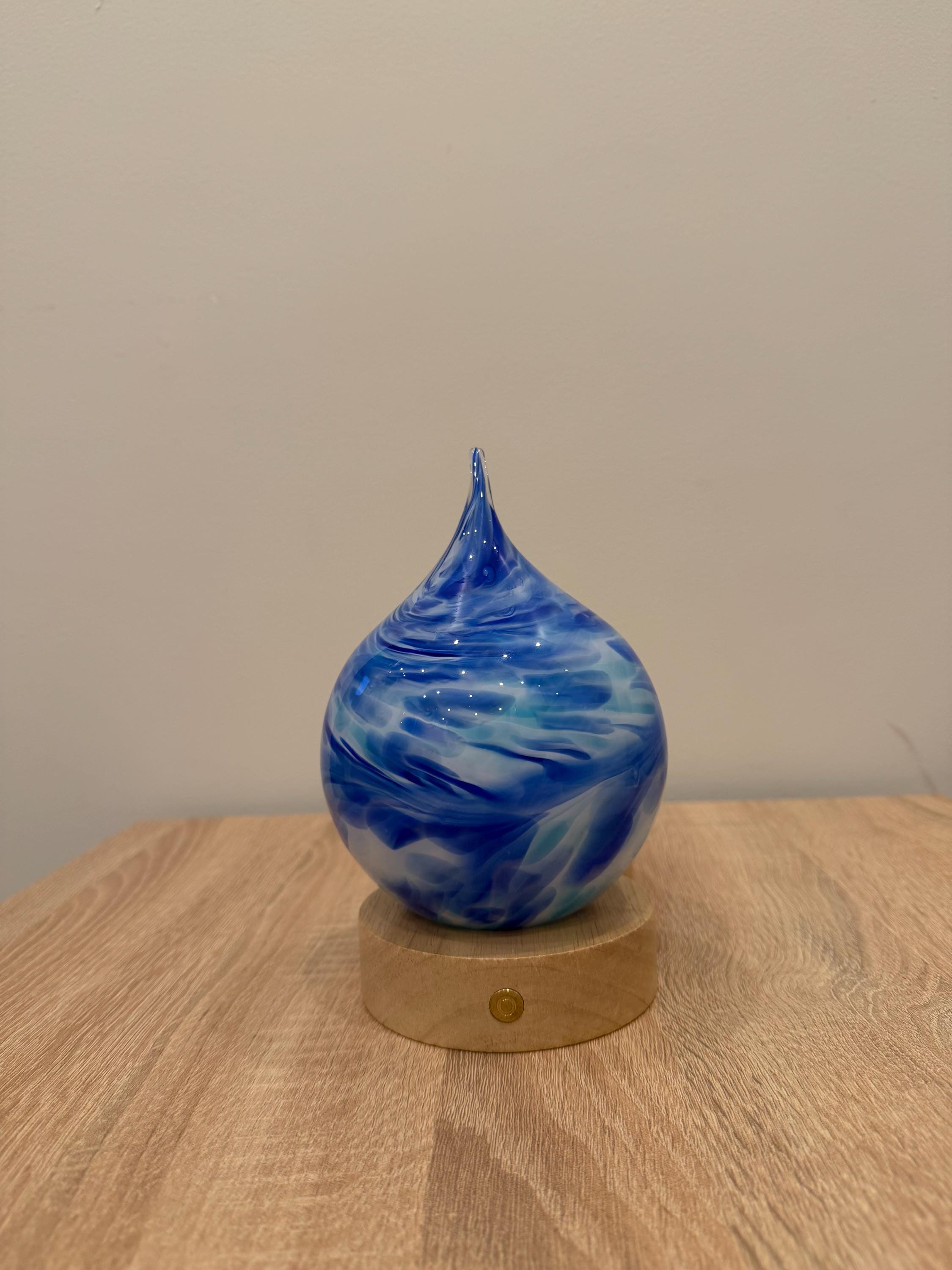 12cm Hand-Blown Blue Teardrop Glass LED Lamp – Battery Powered Multicolor or Warm White