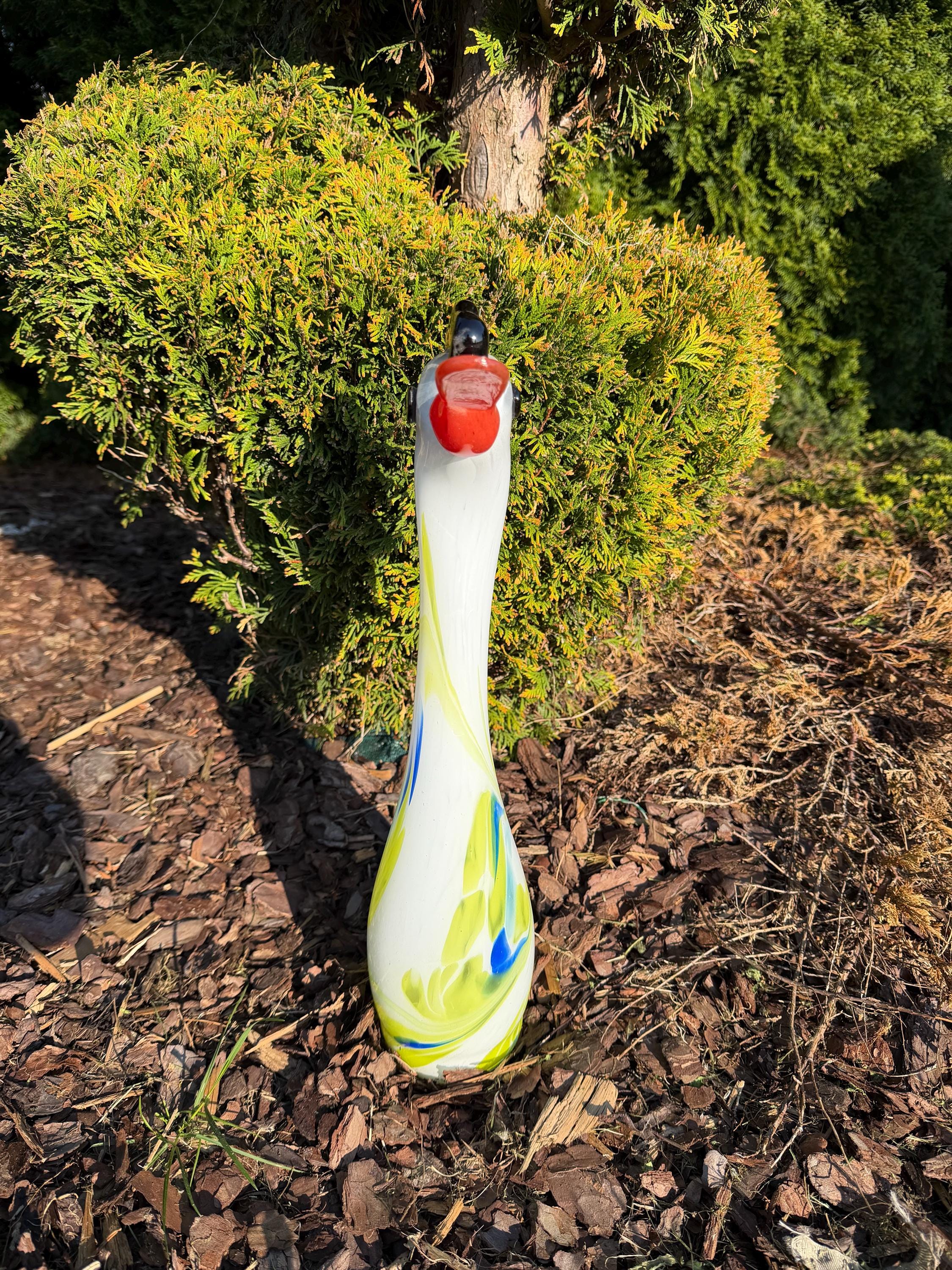 45cm Hand-Blown White Swan Goose Glass Sculpture – Colorful Swirl Bird Figurine
