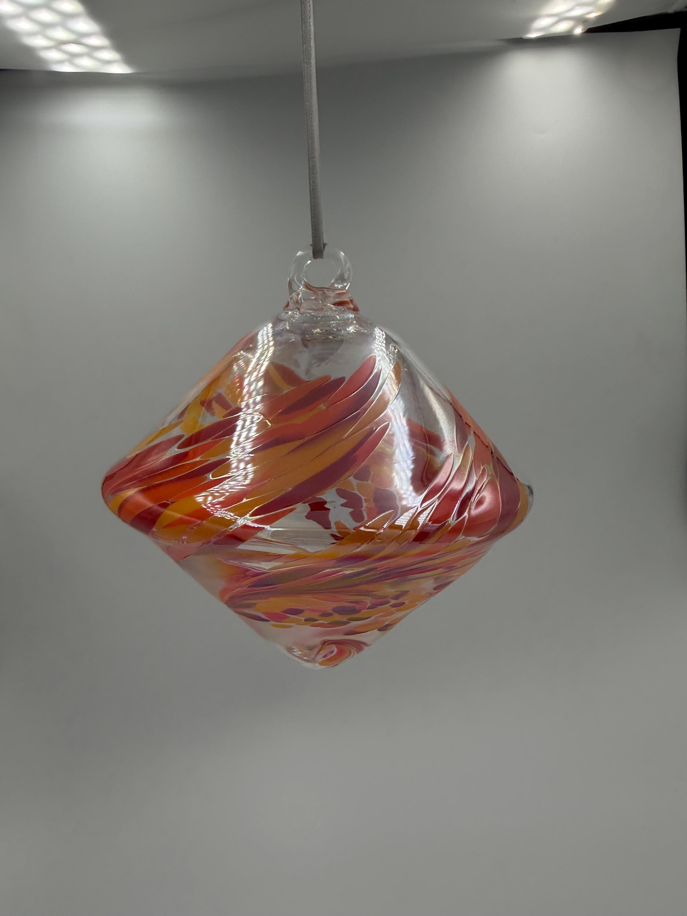 15cm Hand-Blown Red Orange Swirl Glass Diamond Ornament – Hanging Decor