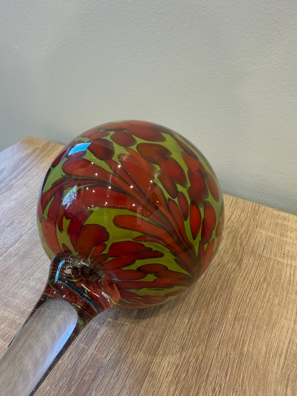 70cm Hand-Blown Glass Garden Stake – 12cm Red Green Abstract Sphere