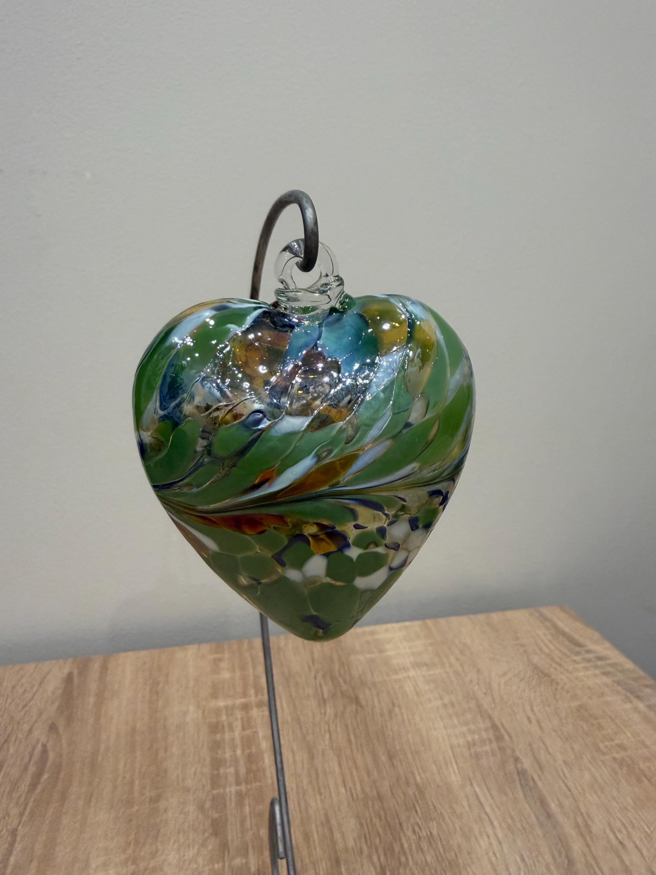 Hand-Blown Glass Heart Ornament 8cm – Green Multicolor Swirl Crackle Heart – Custom Color Option