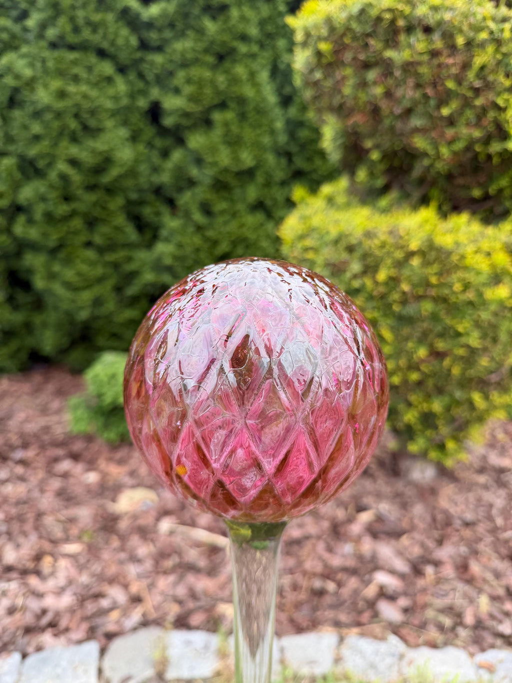 70cm Pink Glass Garden Ball on Stake – 12cm Hand Blown Gazing Ball – Handmade Ornament