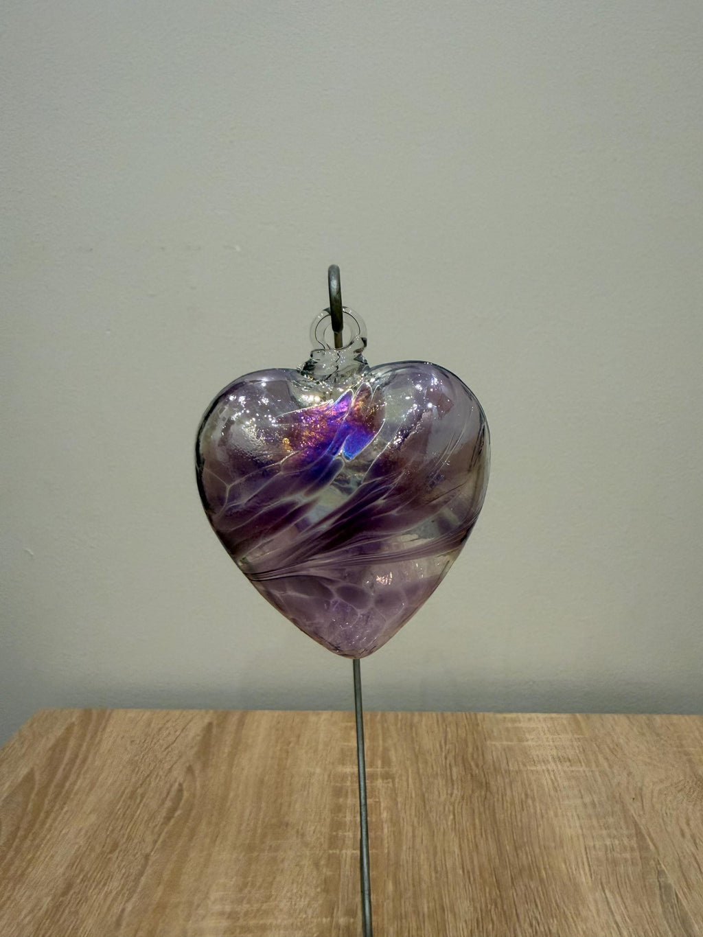 Hand-Blown Glass Heart Ornament 8cm – Purple Iridescent Crackle Heart – Custom Color Option