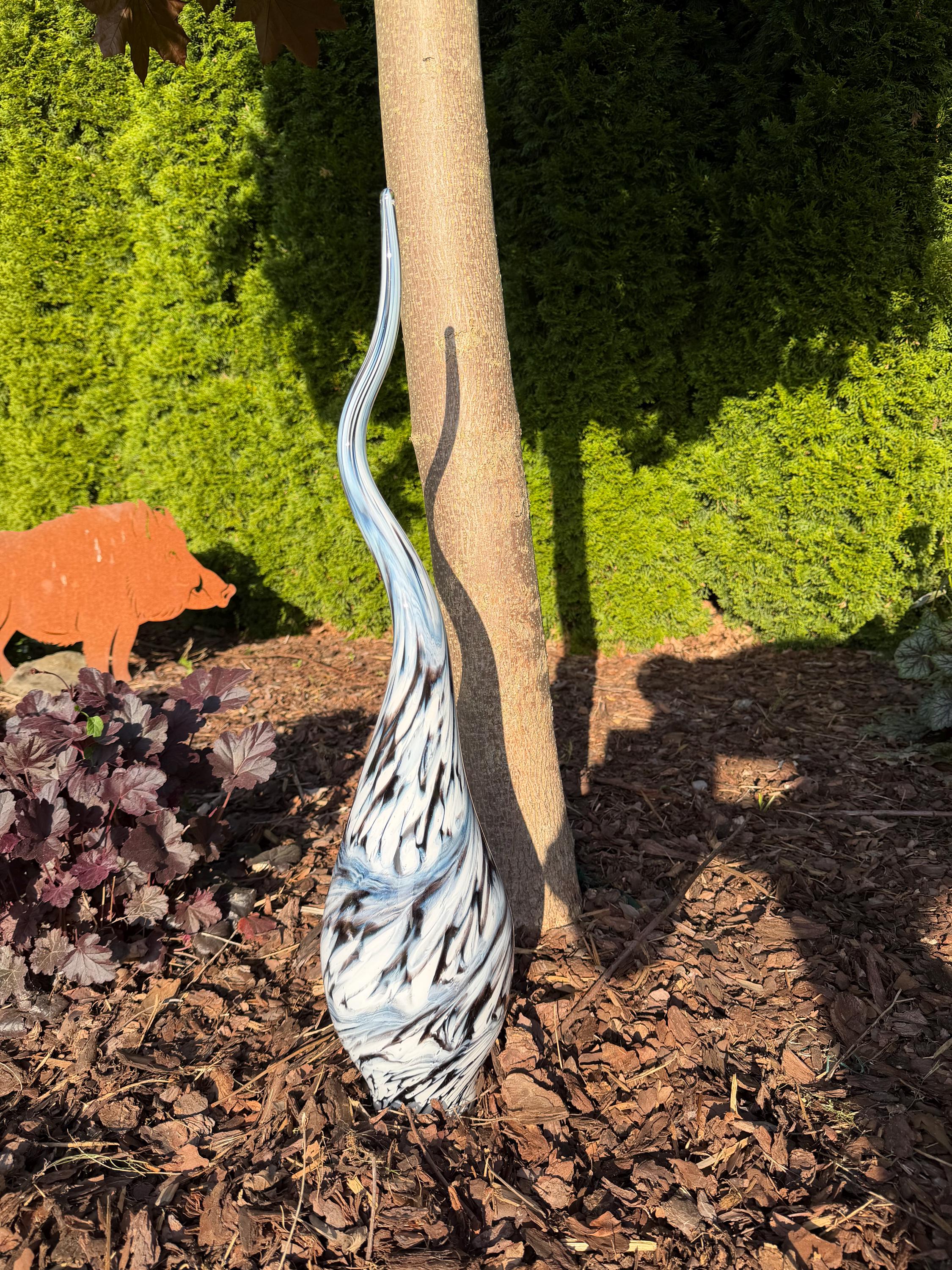 60cm Hand-Blown Black White Swirl Glass Flame Spire – Elegant Garden Stake