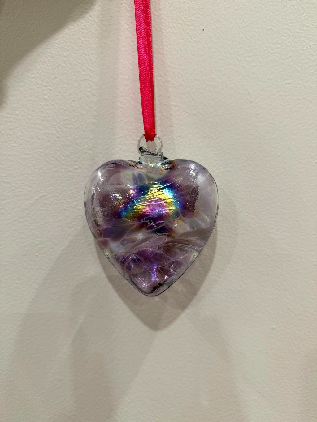 Hand-Blown Glass Heart Ornament 8cm – Purple Iridescent Crackle Heart – Custom Color Option