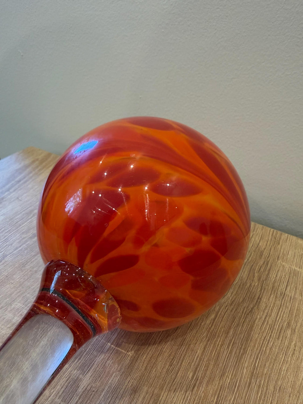 70cm Hand-Blown Glass Garden Stake – 12cm Flame Red Orange Swirl Sphere